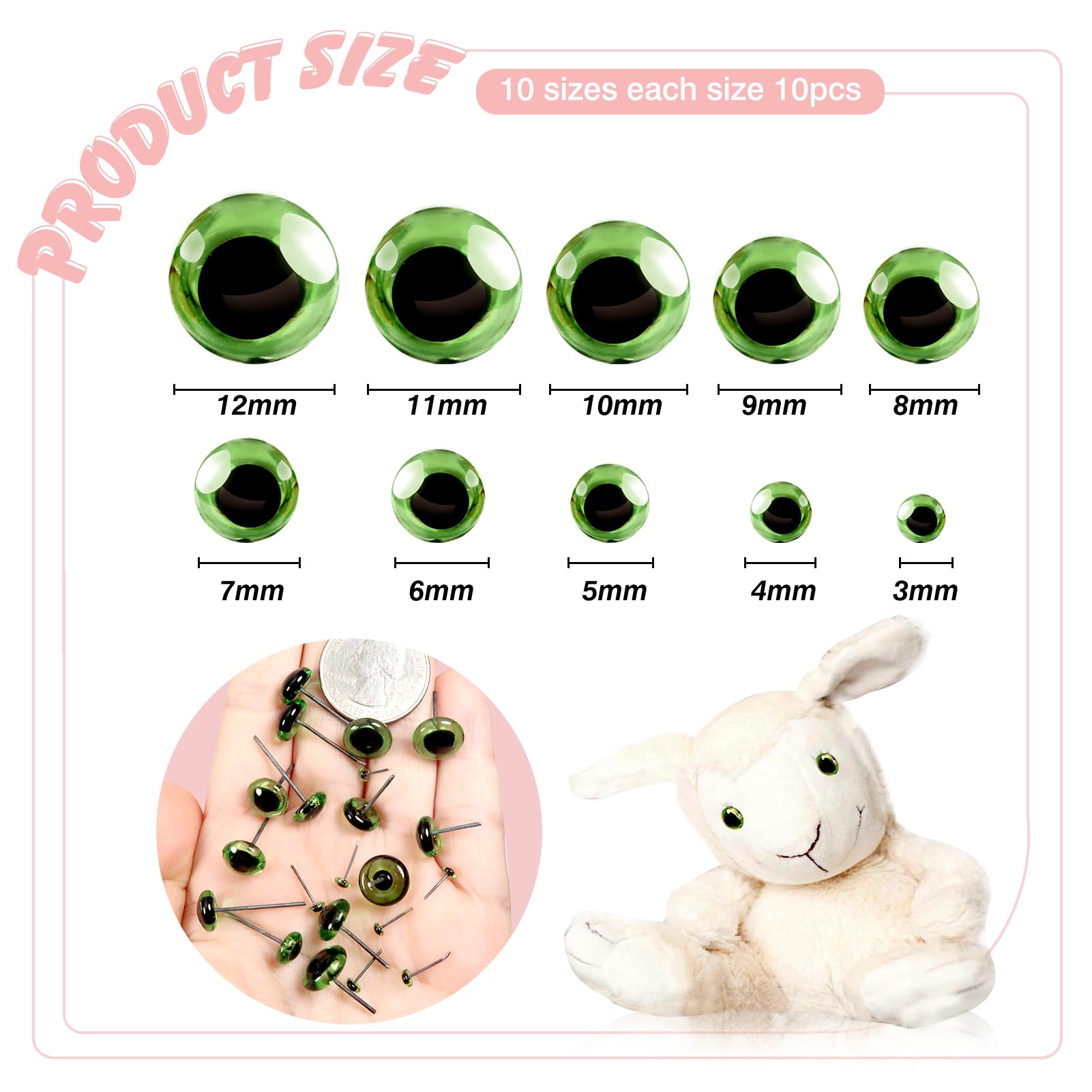 TOAOB 100pcs Green Glass Eyes Kits Craft Eyes 3mm to 12mm for Doll Making Needle Felting Crafts - Image 2