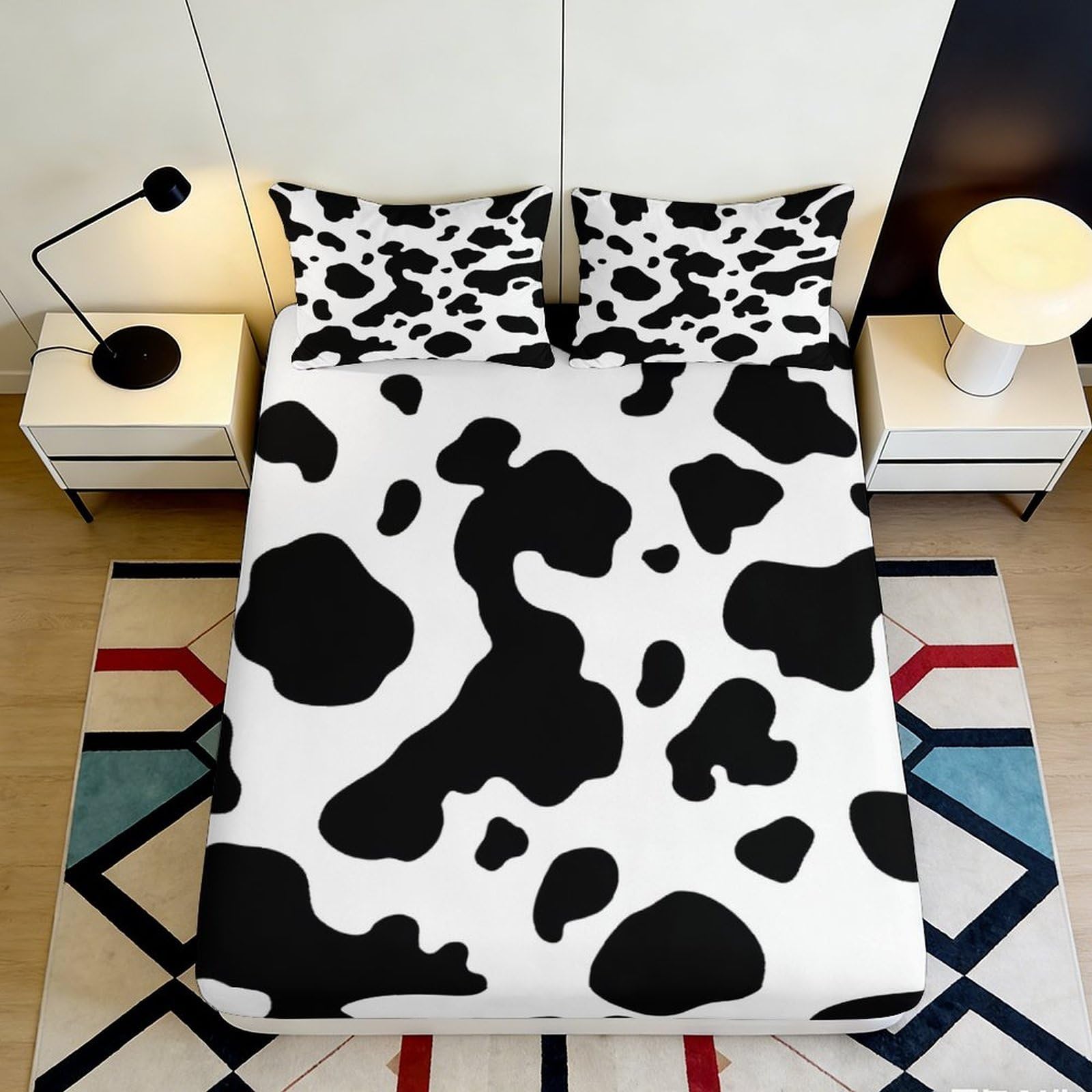 3D Printed Cow Spots Fitted Sheet Microfiber Soft Breathable Dalmatian Pattern Bed Cover for Bedroom Dorm Decor 90x200x25cm