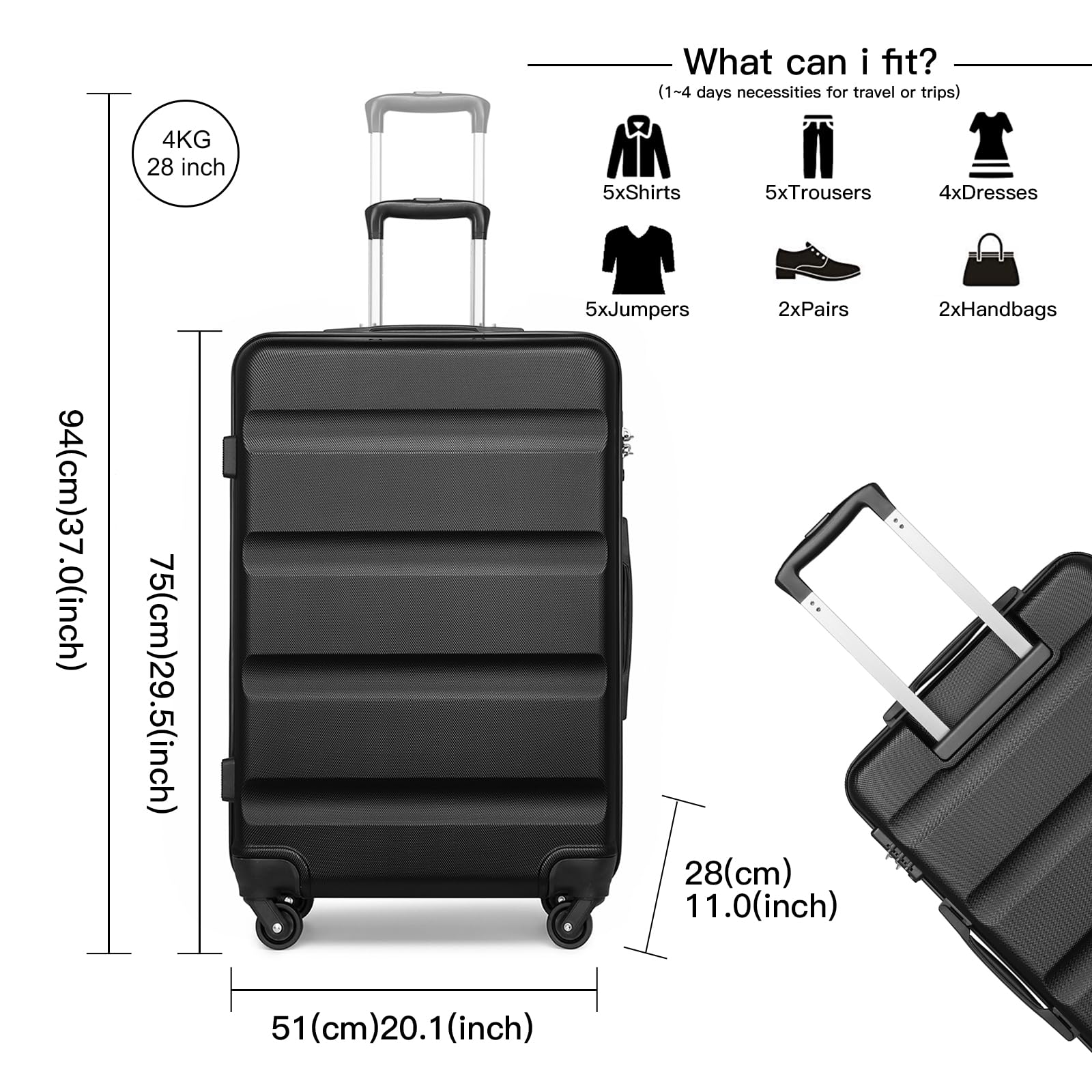 KONO Handgepäck Koffer Leicht Reisekoffer mit Rollen und TSA Schloss, Klein Koffer Trolley Handgepäck Flugzeug 55x38x20cm