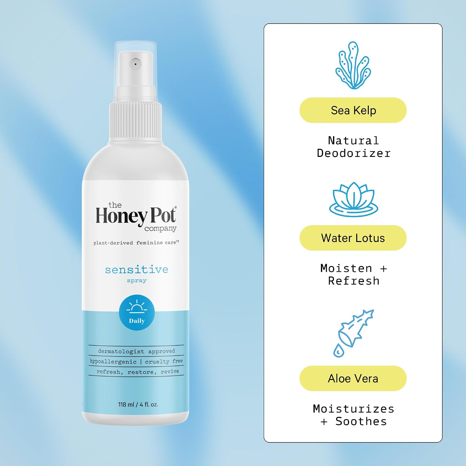 The Honey Pot Company - Refreshing and Restorative Panty and Body Plant-Derived Deodorant Spray - Paraben & Sulfate Free - Sensitive - 4 fl. oz.