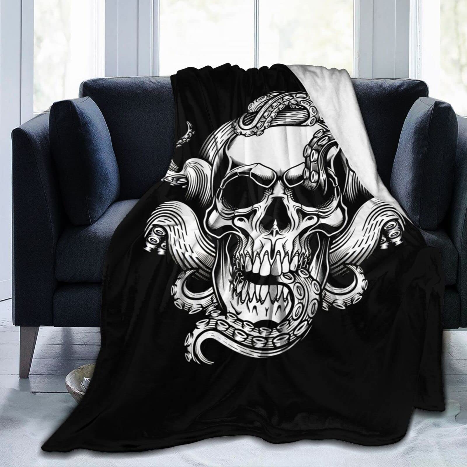 Lsjuee Skull with Octopus Tentacles Throw Blanket Warm Cozy Blankets Lightweight Soft Flannel Horror Halloween Blanket for Sofa Couch Bed Office 60"X50"