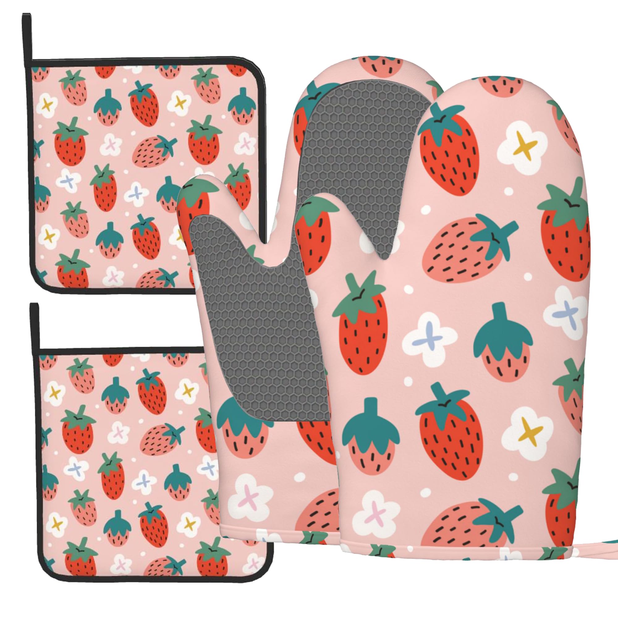 Lot de 4 maniques et maniques en silicone résistant à la chaleur et antidérapants pour cuisine, cuisine, grillades et micro-ondes Motif fraises