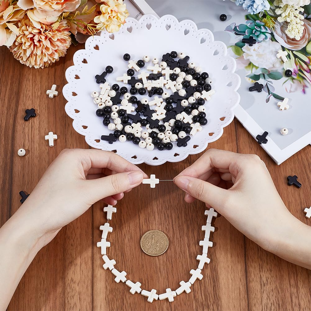 SUNNYCLUE 300Pcs Cross Beads Round Loose Spacer Beads Bulk Black White Cross Beads Mini Small Synthetic Turquoise Stone Bead Tiny Pocket Crosses Easter Holiday Crucifix Beads for jewellery Making Kits - Image 3
