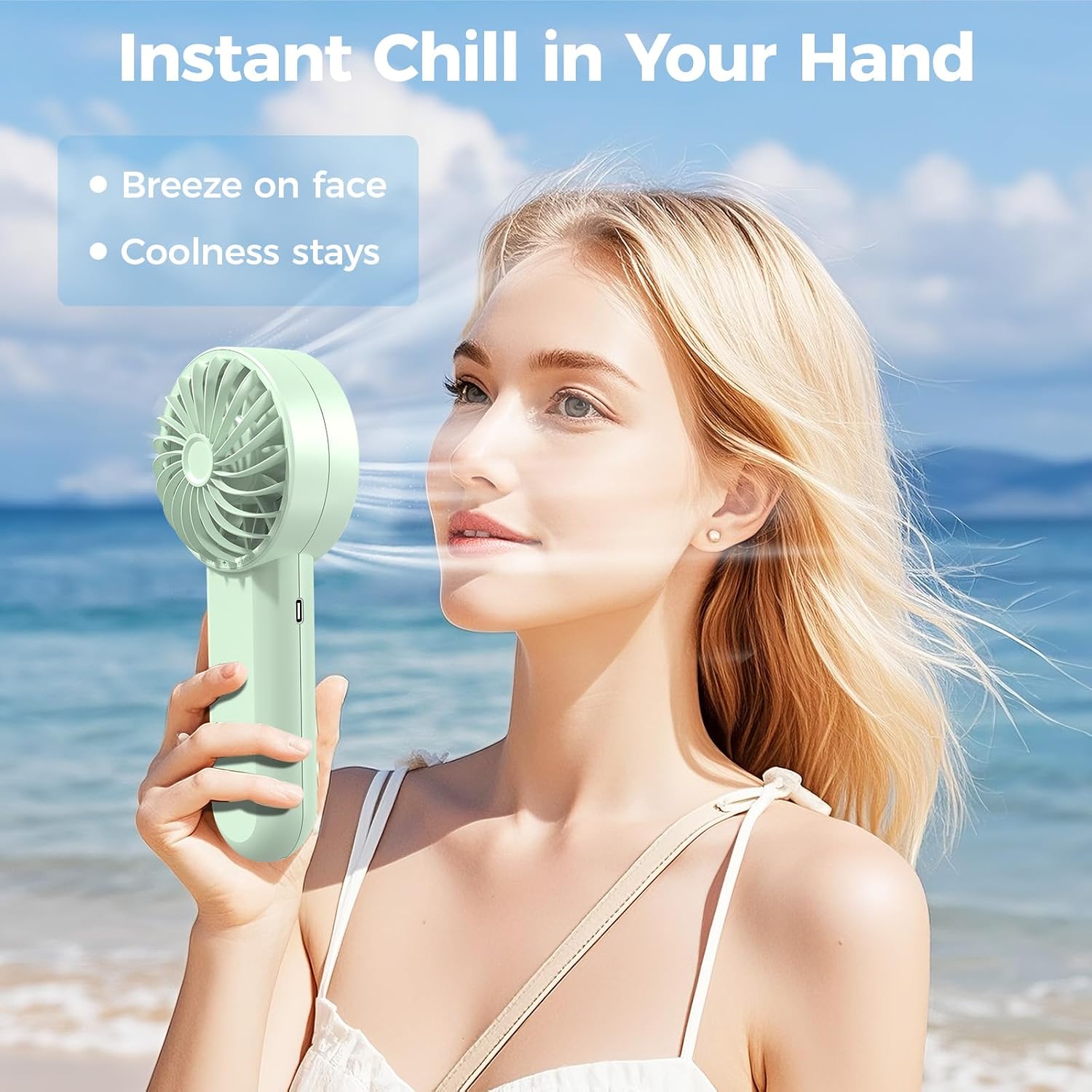 AMACOOL Handheld Fan Rechargeable, Built-in Type-C Cable, 5-Speed Personal Fan with LED Display, Max 12H Runtime, Portable Fans for Travel Outdoor Cruise Makeup, Gifts for Women Stylish Girl (Green)