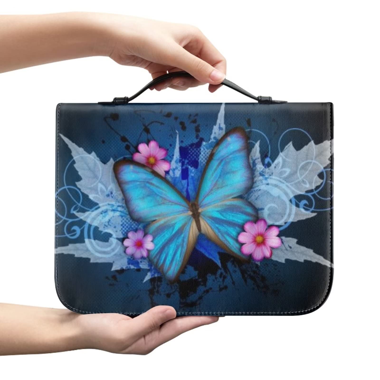 SEANATIVE Blue Butterfly Flower Maple Print PU Leather Bible Cover Stylish Large Bible Case with Durable Handle Bible Tote Bag for Women