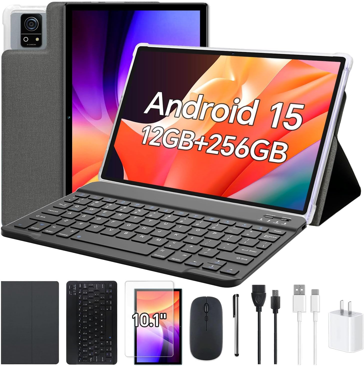 Android tablet, 10 inç IPS dokunmatik ekran, sekiz çekirdekli işlemcili Android 15, klavyeli 12 GB RAM 256 GB ROM Android tablet, 8000 mAh pil, 5MP + 13MP çift kamera, 5G wifi, gri