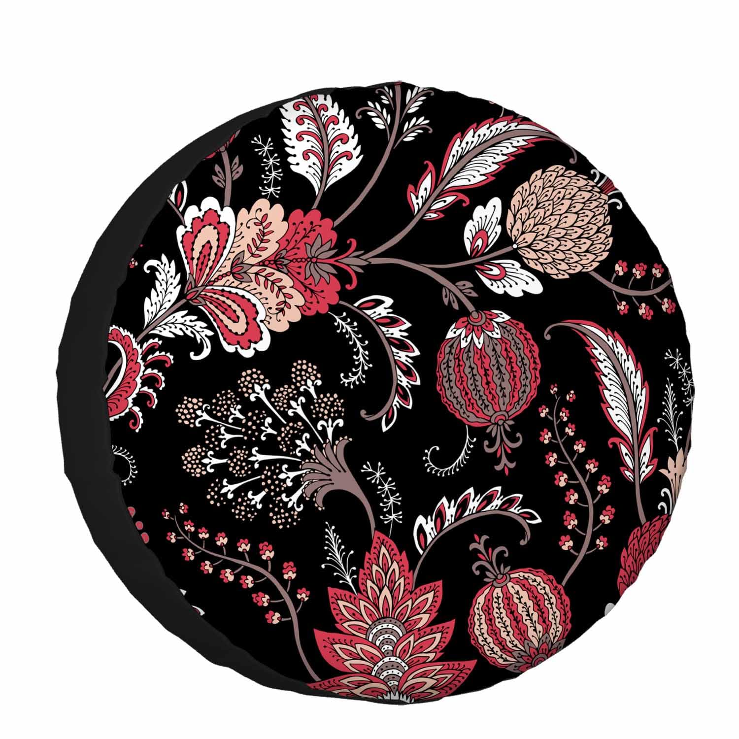 Funda para rueda de repuesto con estampado de cachemira, diseño vintage de flores de fantasía, hojas florales bohemias, color negro y rojo, para neumáticos de autocaravana, caravana, remolque, SUV, camión, remolque de viaje de 15 pulgadas