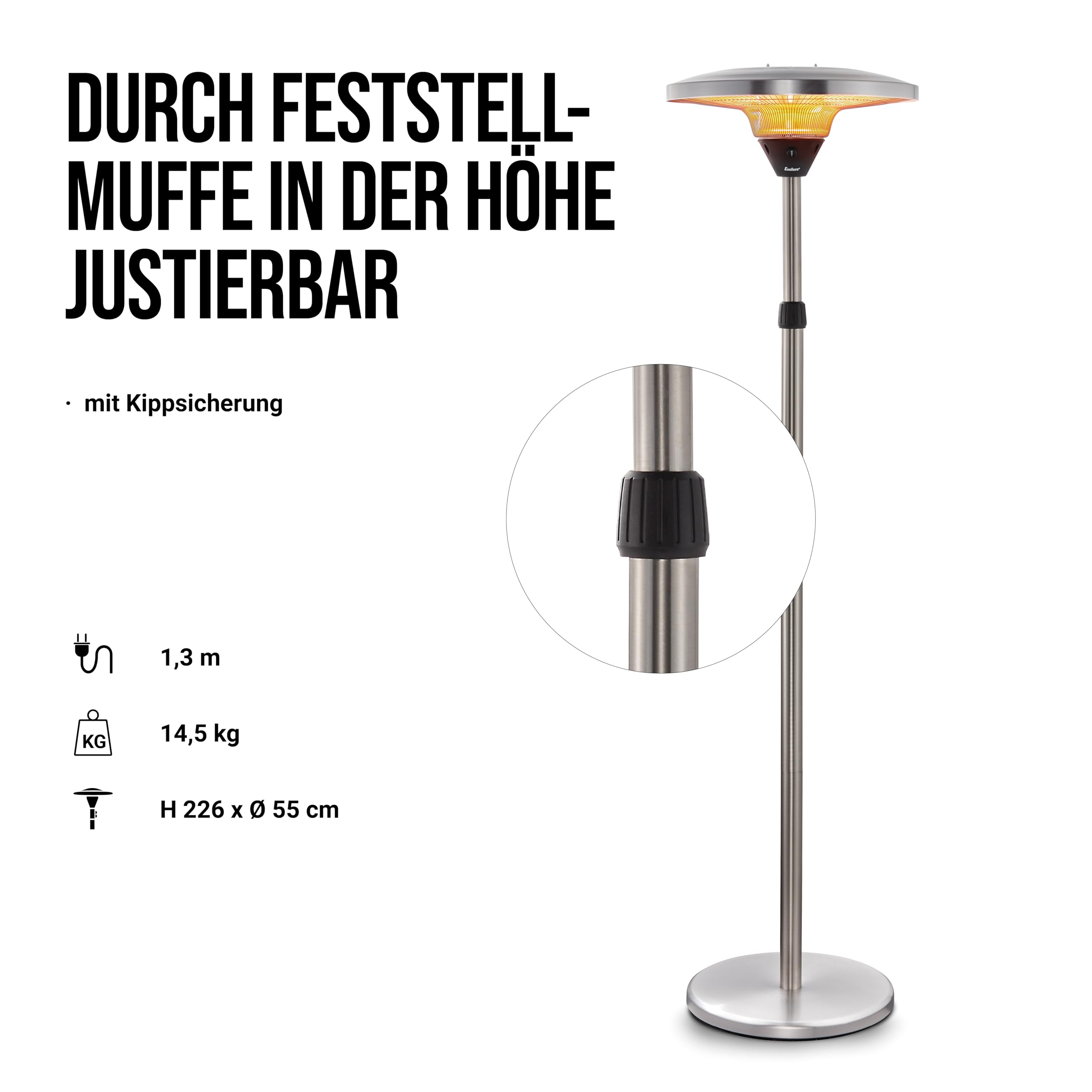 Enders Terrassenheize Oron, Elektro Standstrahler, Heizpilz, Terrasse und Balkon, höhenverstellbar, 2 Leistungseinstellungen, 1.000 - 2.000 Watt, Infrarot-Strahlungswärme, inkl. Kippsicherung #49076