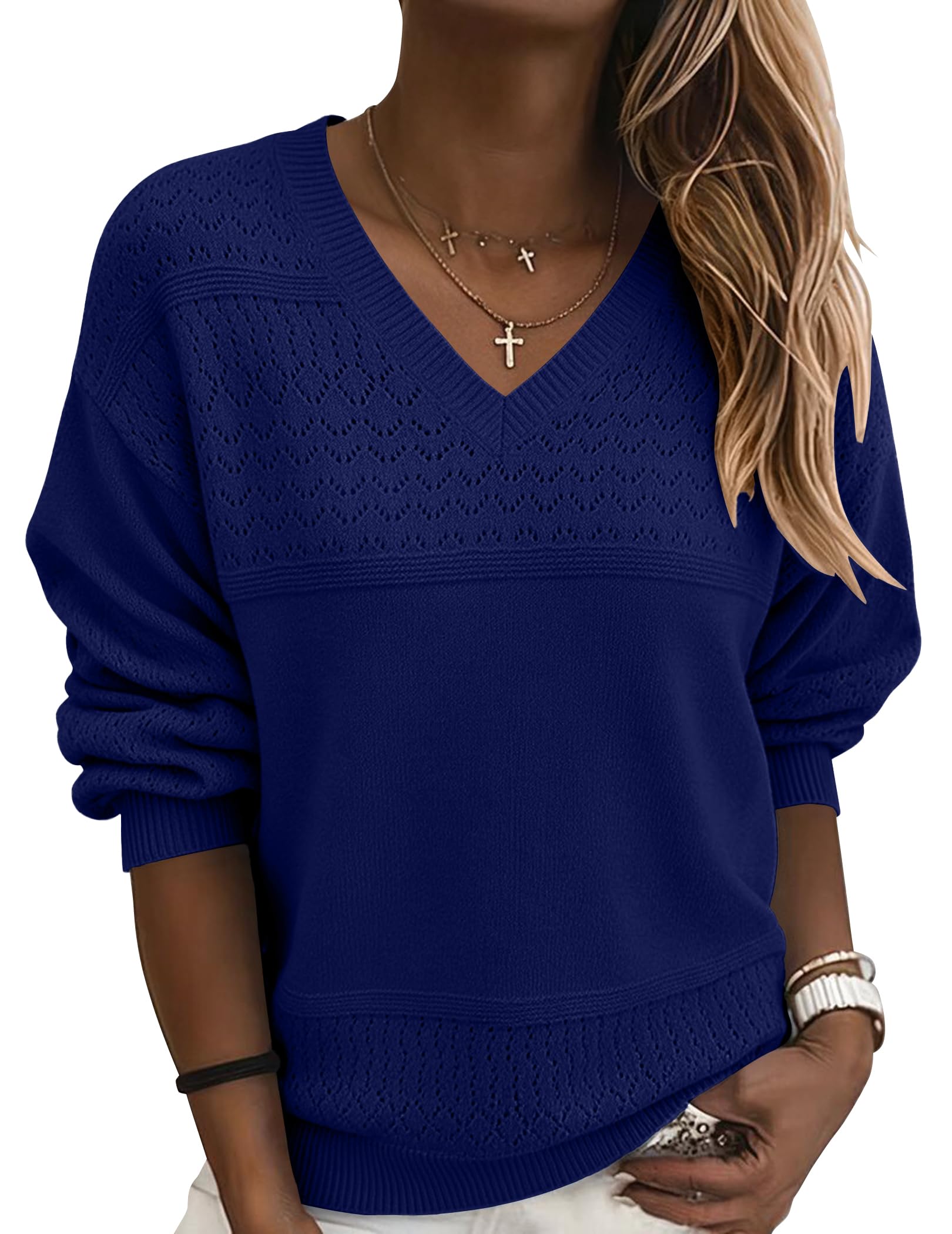 Womens 2026 Fall Sweaters Casual Long Sleeve Ribbed Knit Pullover V Neck Lightweight Crochet Pullover Sweater Top-image-37