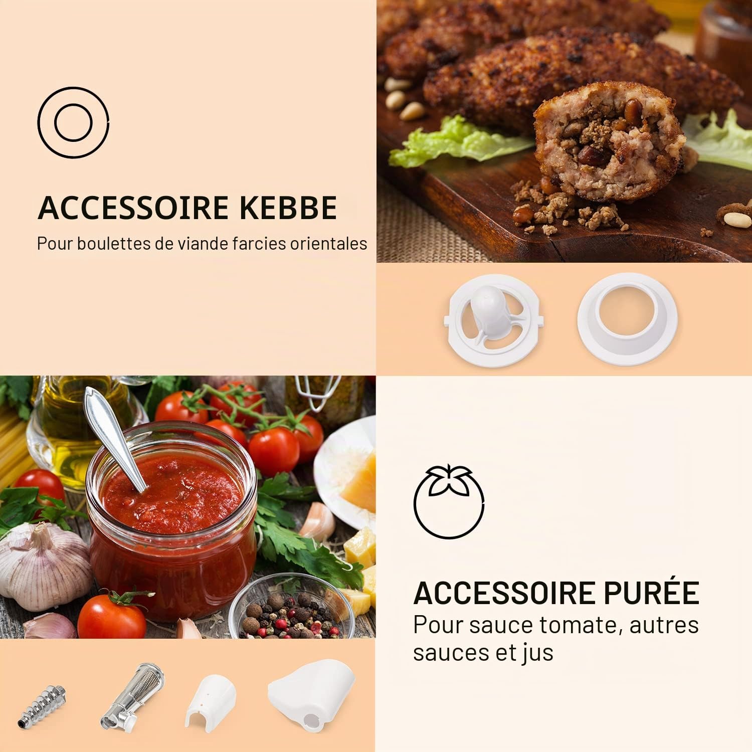 Klarstein Mighty Mince - hachoir à viande électrique - puissance 500 à 1361 W, hachoir électrique avec accessoires pour saucisses, kebbe et purée, presse-tomates, avec poignées - Blanc