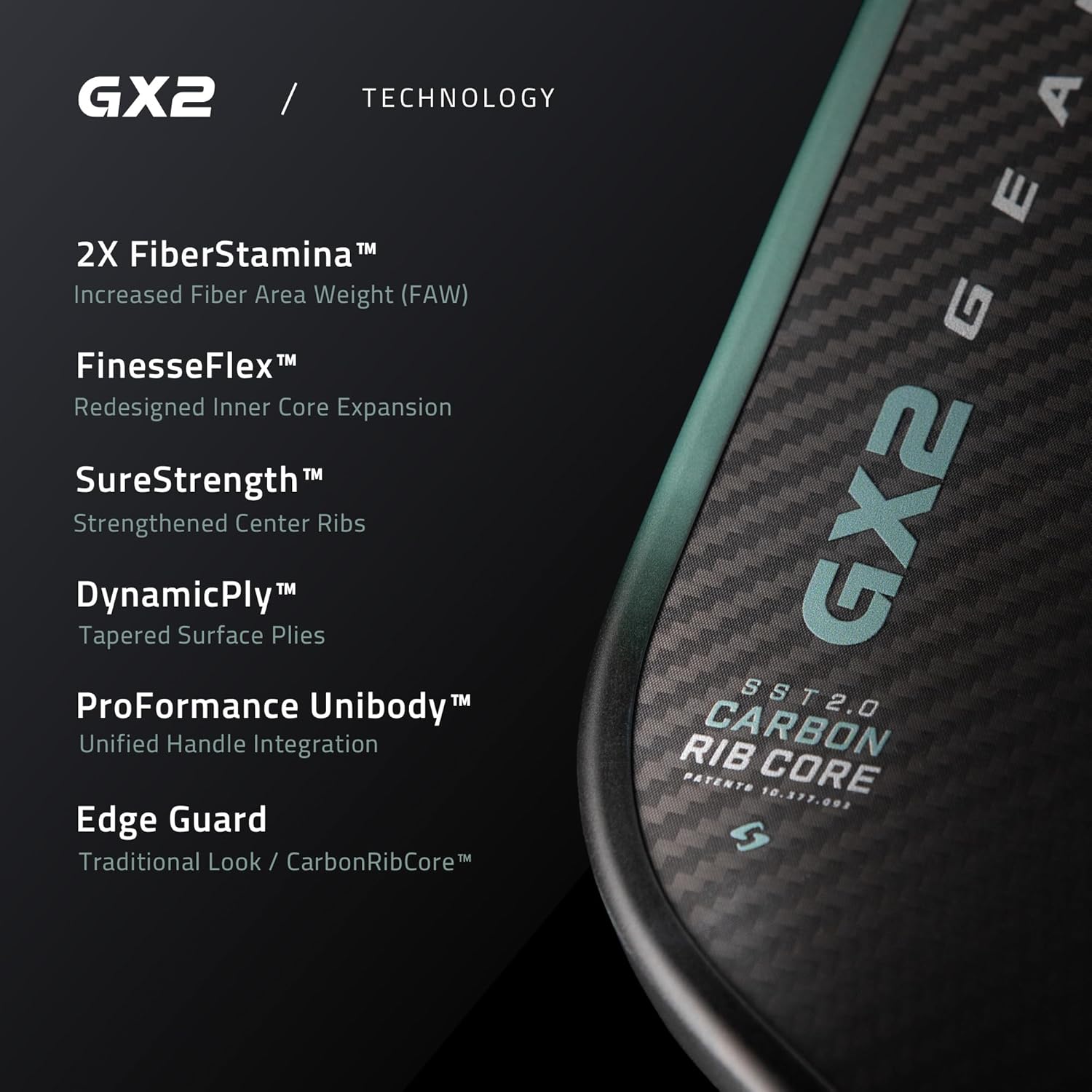 gearbox gx2 pickleball paddle - carbon fiber face, sst 2.0 power core, high spin & control for an exceptional all around paddle integraxl