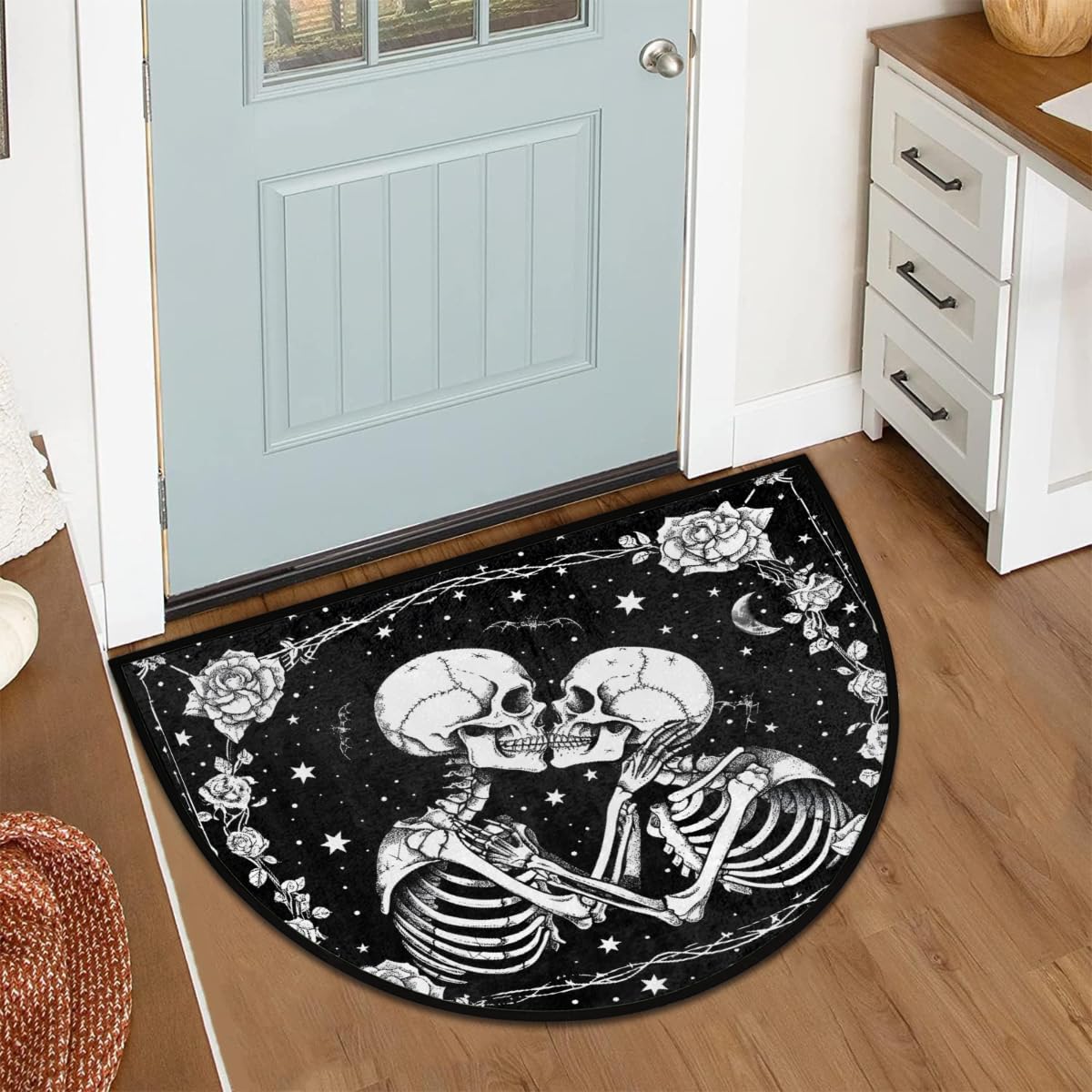 Felpudo semicircular de Halloween con Calavera y Esqueleto gótico, Alfombra