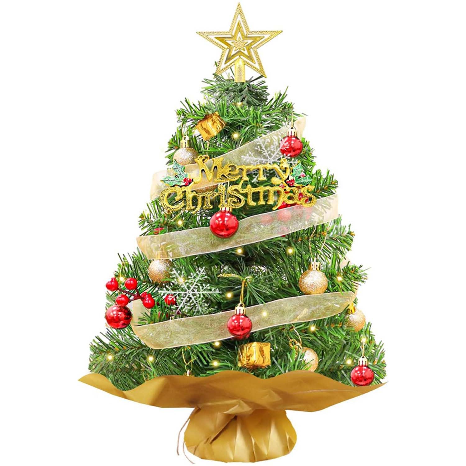 Mini Christmas Tree, 45cm Small Christmas Tree With Battery Operated Led Lights, Artificial Small Xmas Tree, Tree Topper Star, Christmas Tree Decoration Gift Box And Hanging Decorations (Gold)