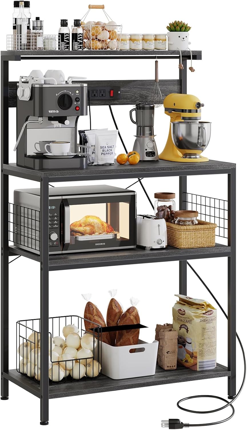 Sweetcrispy Kitchen Bakers Rack with Power Outlet, Coffee Bar Table 4 Tiers, Microwave Oven Stand Station, Adjustable Storage Shelf for Spices, Freestanding Appliance Organizer - 31.5 Inch, Gray