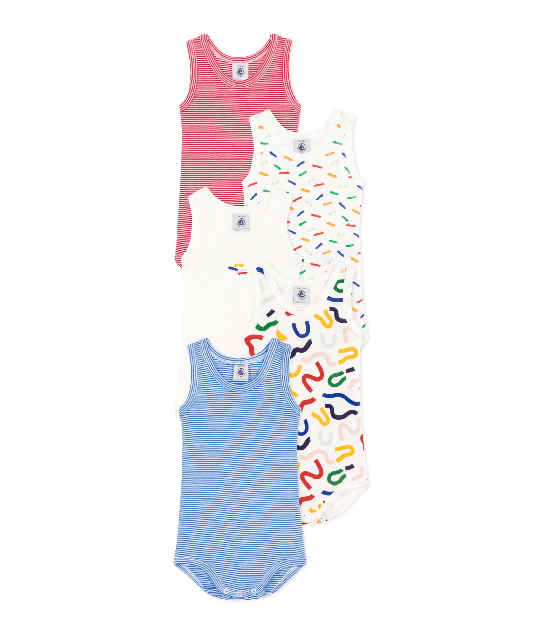 Petit Bateau Babies' Sleeveless Cotton Skate Bodysuits - 5-Pack SIZES 3-24 MONTHS