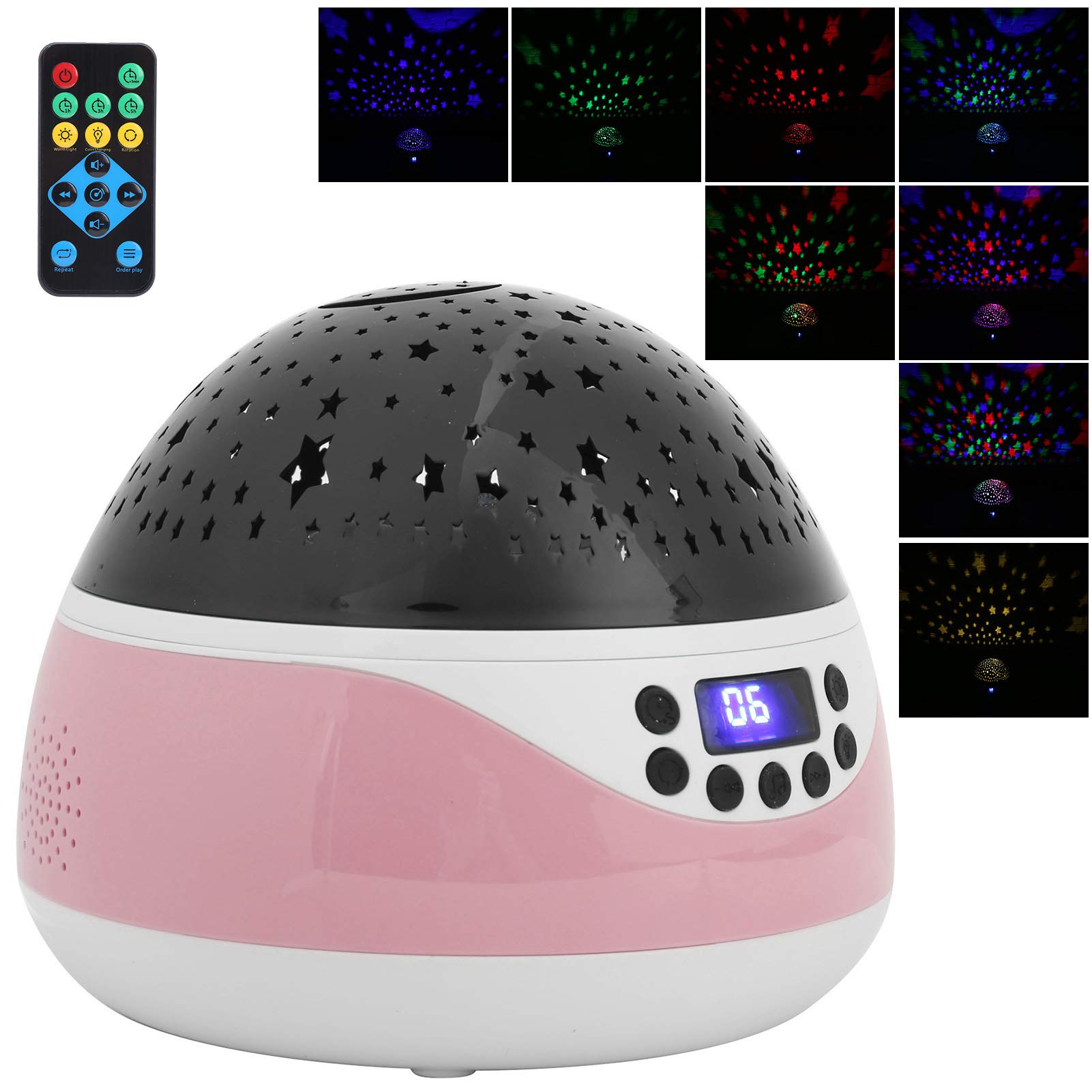 Projecteur de Veilleuse télécommandé, Veilleuses pour bébé avec Minuterie et Rotation à 360 Degrés, 9 Options de Couleurs et 12 Musiques, alimenté par USB ou par Batterie,