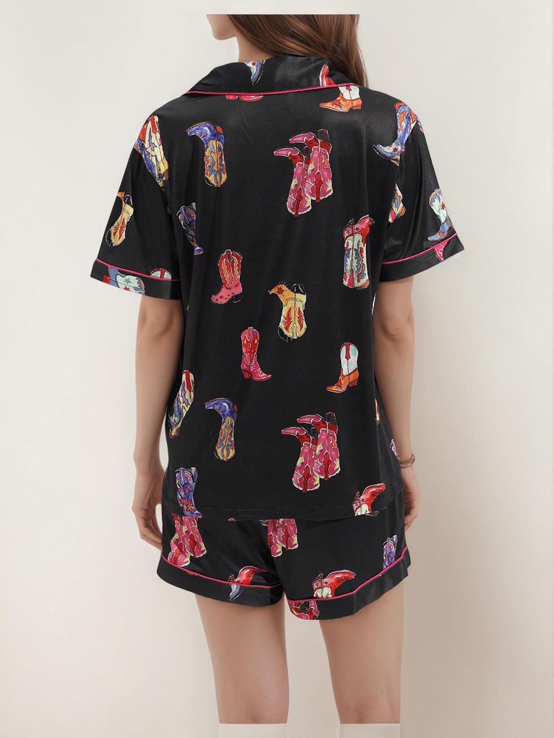 Womens 2 Piece Cowgirl Pajamas Satin Silk Western Cute Pjs Cowboy Boots Short Sleeve Button Up Shorts Pjs Loungewear - Image 4