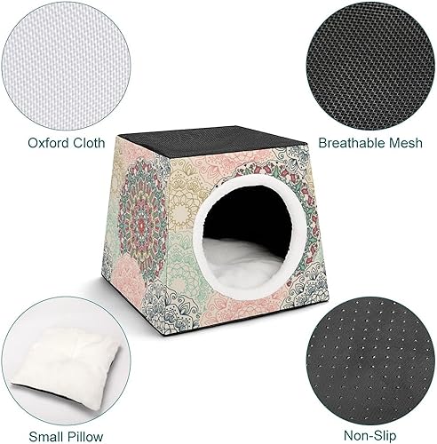 Miniatura 4 de Casas y condominios impresos para gatos con diseño de cubo plegable con almohada extraíble, diseño floral de mandala retro