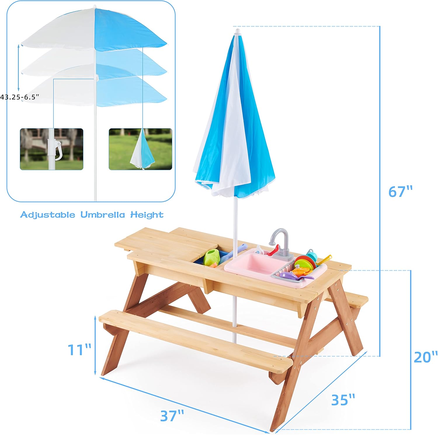 Kid's Outdoor Wooden Picnic Table Chair Set with Umbrella, Sandbox, and Sink Toys, 3 in 1 Convertible Sand and Water Table for Backyard Play : Patio, Lawn & Garden