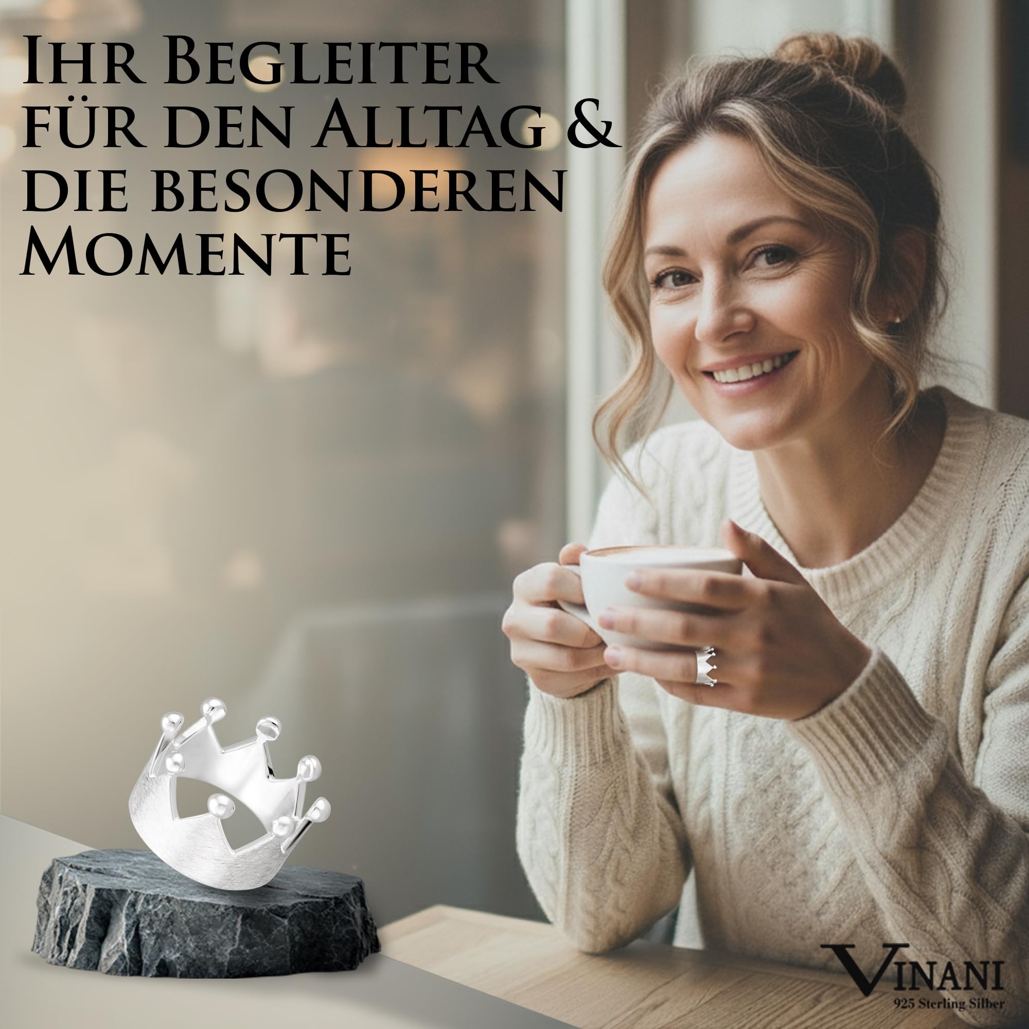 Vinani Ring aus 925 Sterling Silber - Damenring mit Krone gebürstet und glänzenden Spitzen für Frauen, nickelfrei & antiallergisch, Designed in Deutschland, RKR