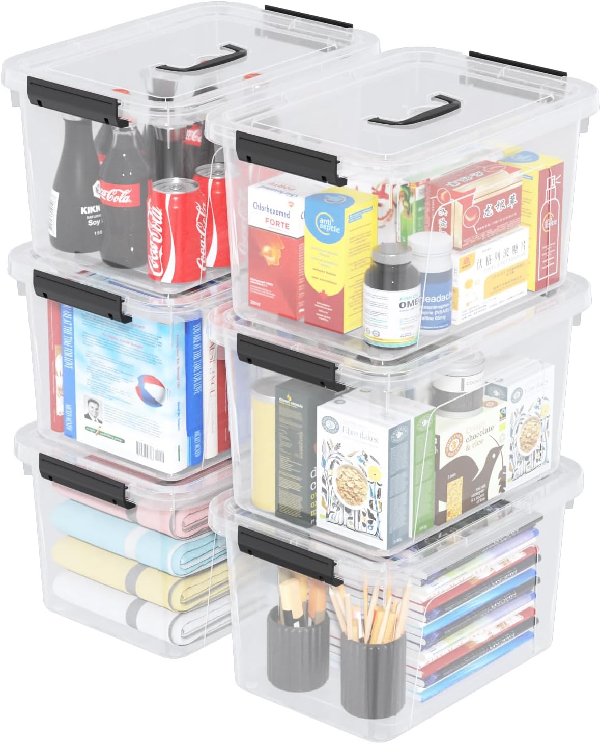 6 Packs 12 Quart Clear Latching Storage Boxes, Plastic Storage Bin with Handle