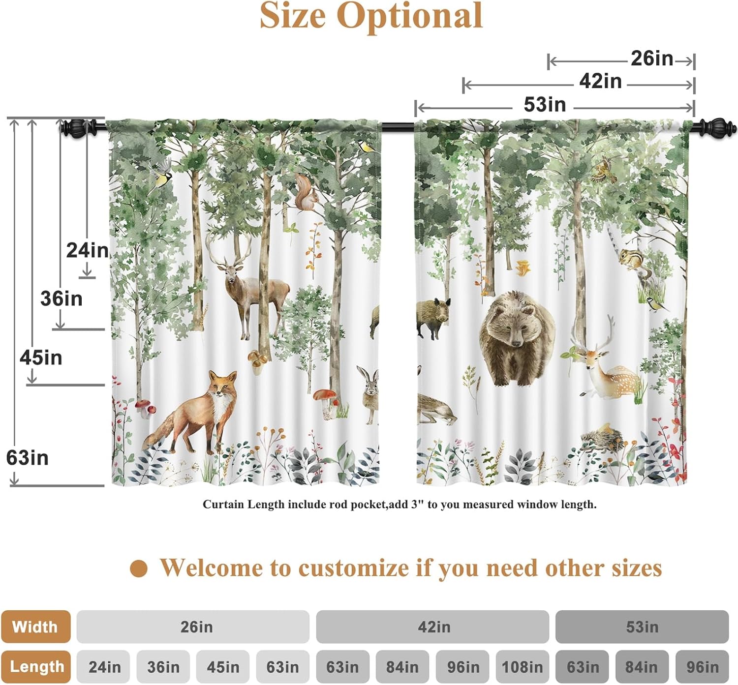 Renaiss 42 x 84 Inch Forest Animal Curtains for Nursery Woodland Wild Animal Print Curtains for Kids Cartoon Fox Elk Bear Bedroom Decorative Curtains Rod Pocket Window Drapes Light Filtering 2 Panels