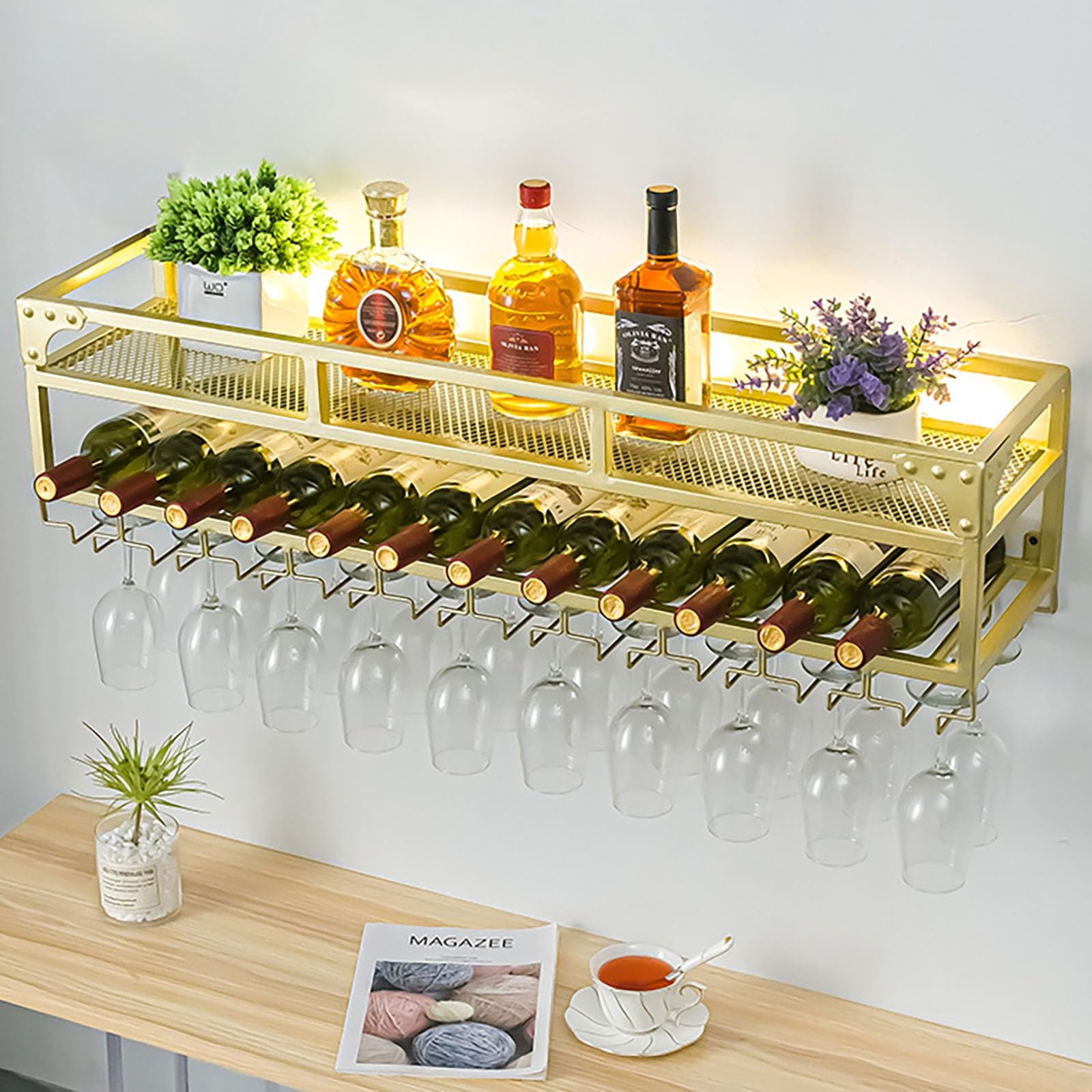 Étagère à vin flottante pour bar et restaurant avec éclat LED doré