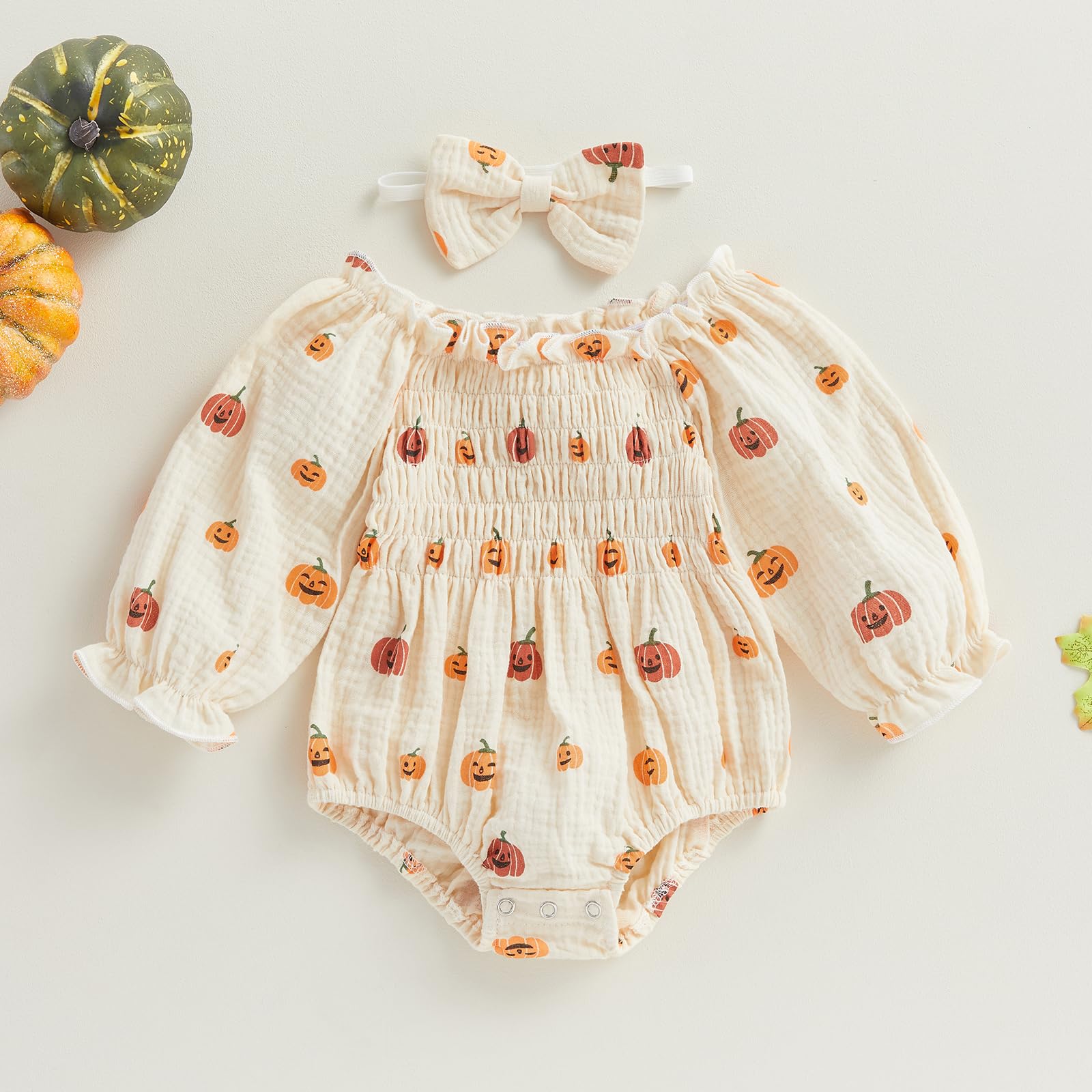FYBITBO Infant Baby Girl Halloween Romper Dress Pumpkin Long Sleeve Ruched Bodysuit Jumpsuit with Headband Set Cute Clothes (Beige Pumpkin, 18-24 Months)
