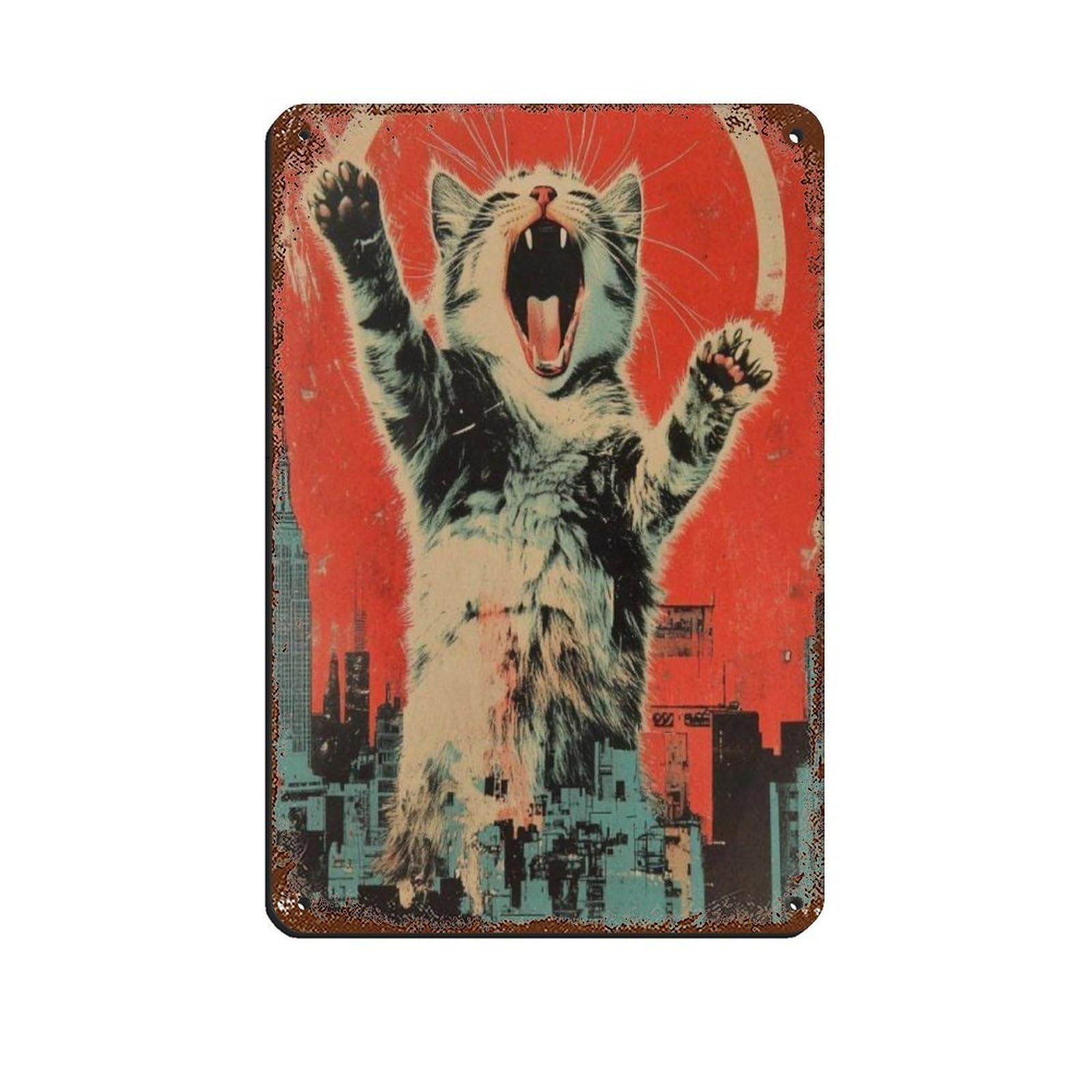 Retro Catzilla-Art Poster, Retro Poster Metal Tin Sign Chic Art Retro Iron Painting Bar People Cave Cafe Family Garage Poster Wall Decoration 8x12inch(20x30cm)