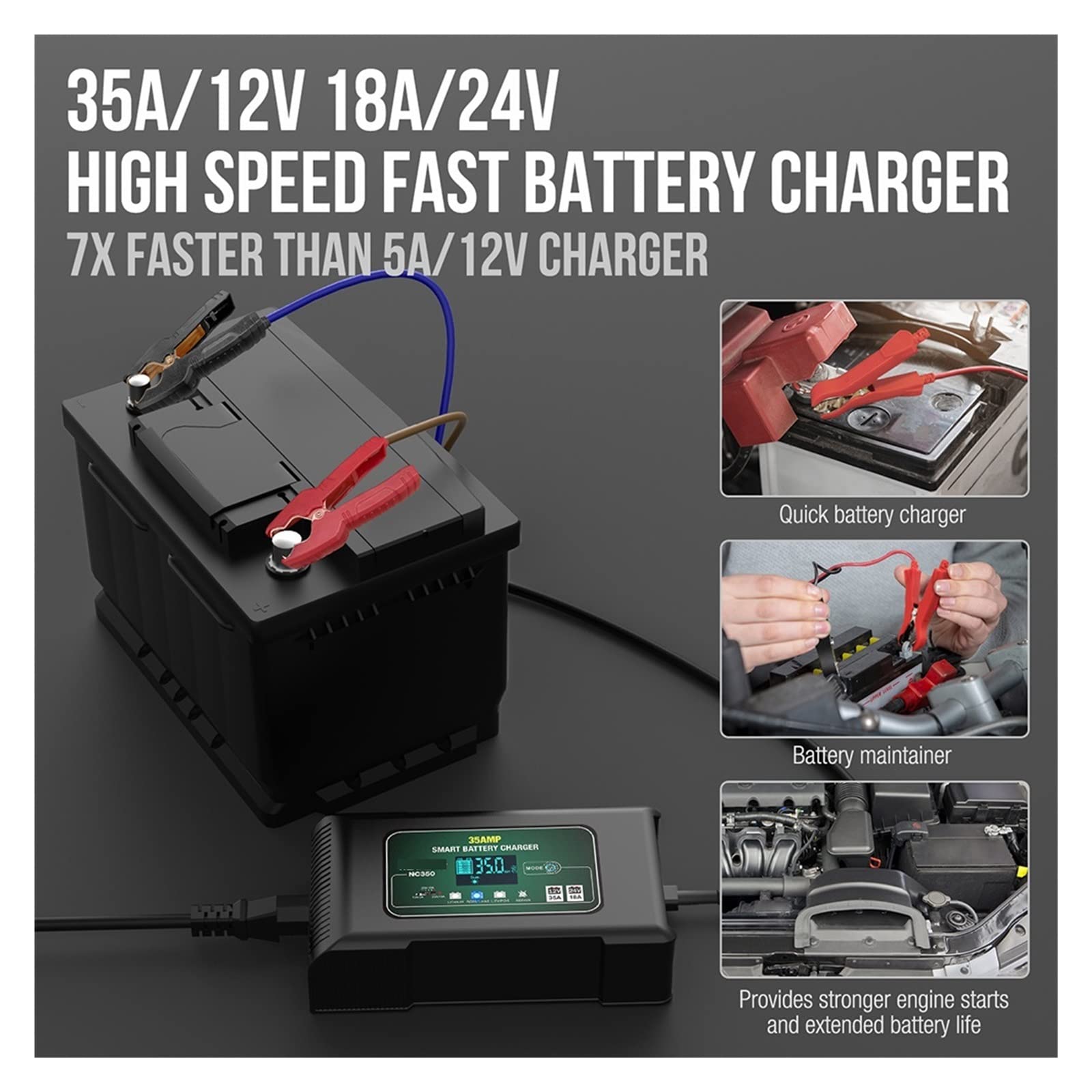 Chargeur de Batterie, 35A chargeur de batterie de voiture réparation d'impulsion affichage LCD Charge rapide intelligente for les Batteries Lithium-acide de plomb de camion de Moto automatique