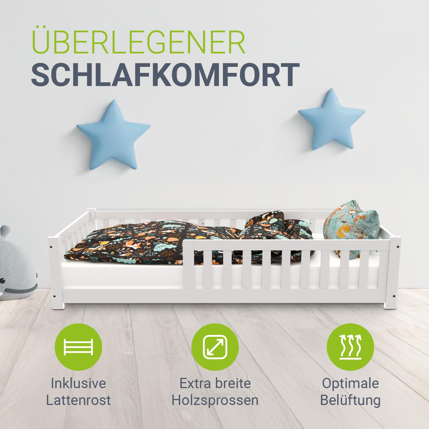 Juskys Kinderbett Naya - 90x200 cm Bett mit Matratze, Rausfallschutz & Lattenrost - Holz Bodenbett für Kinder 3-10 Jahre - Bettgestell Weiß