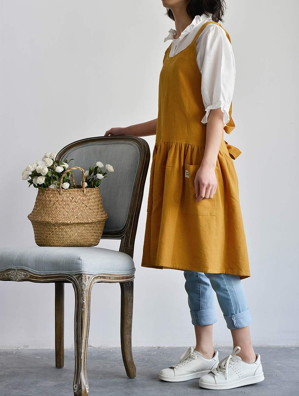 NEWGEM Cotton Linen Cross Back Apron for Women with Pockets for Painting Gardening Yellow with Waist Ties - Image 2