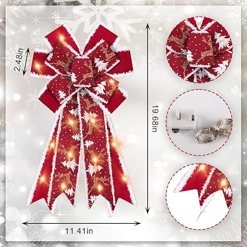 Miniatura 2 de Hying Lazos grandes de Navidad, lazo de corona de terciopelo rojo claro LED para decoración de invierno, decoración de árbol y adorno de Navidad
