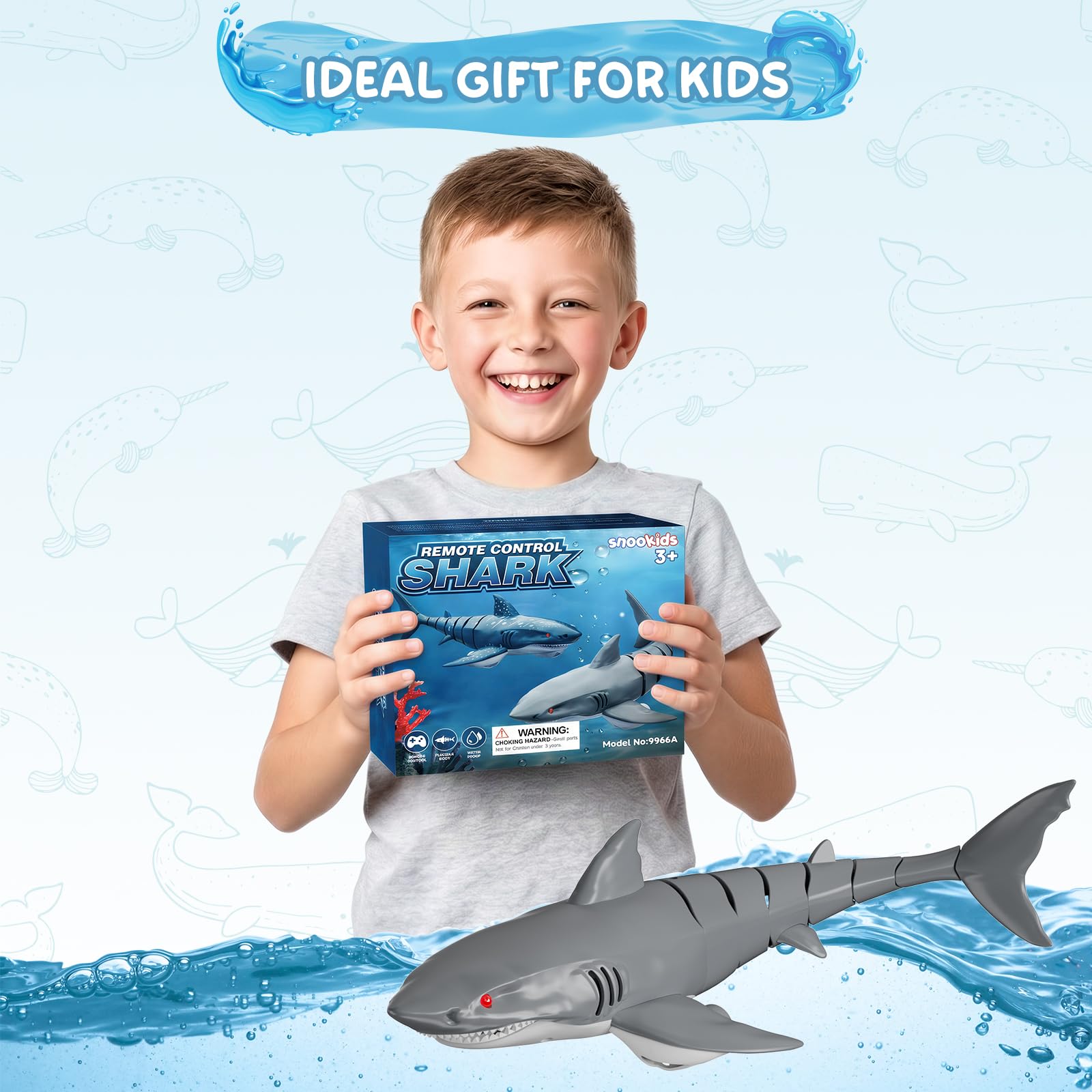 snookids Tiburón Teledirigido Juguete – 2,4 GHz Barco Teledirigido Simulación Shark, USB Recargable, Juguete Piscina con Luz en Ojos y Encendido Automático, Regalo para Niños y Niñas