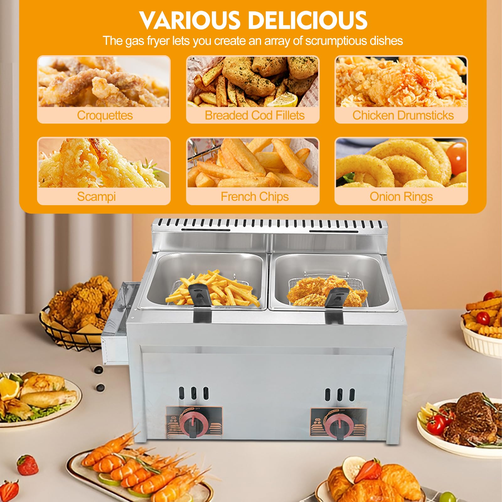 Gas Fritteuse Gastro 20L Gewerbliche Doppel Gasfritteuse Edelstahl Profi Gasfritteuse Mit Pommeskorb Für Restaurant, Heimküche, Snackbar