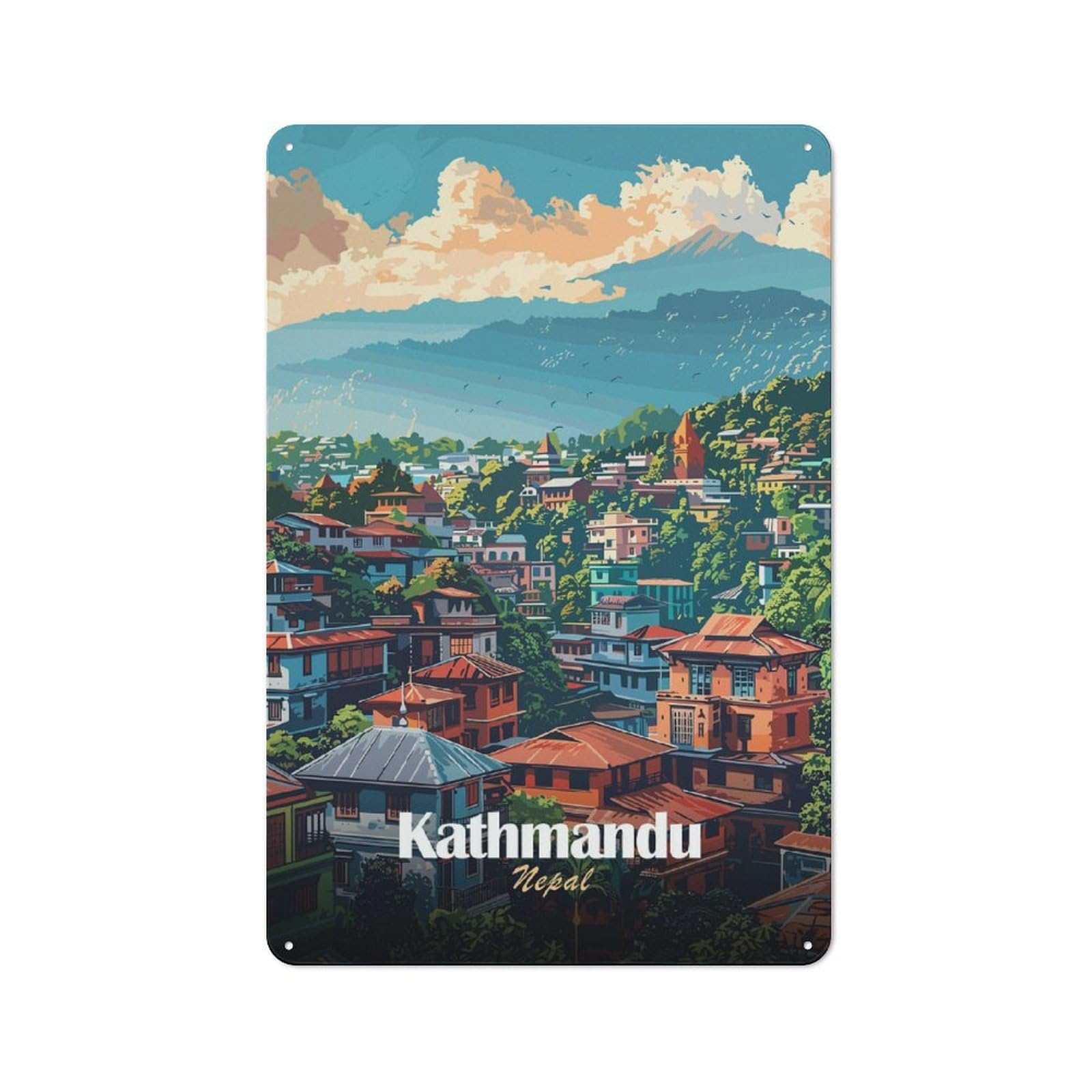 Decorative Tin Plaque with Kathmandu, Nepal Cityscape Illustration Design 30x20cm, Decorative Novelty Wall Art for Bedroom, Kitchen, Office Or Living Room