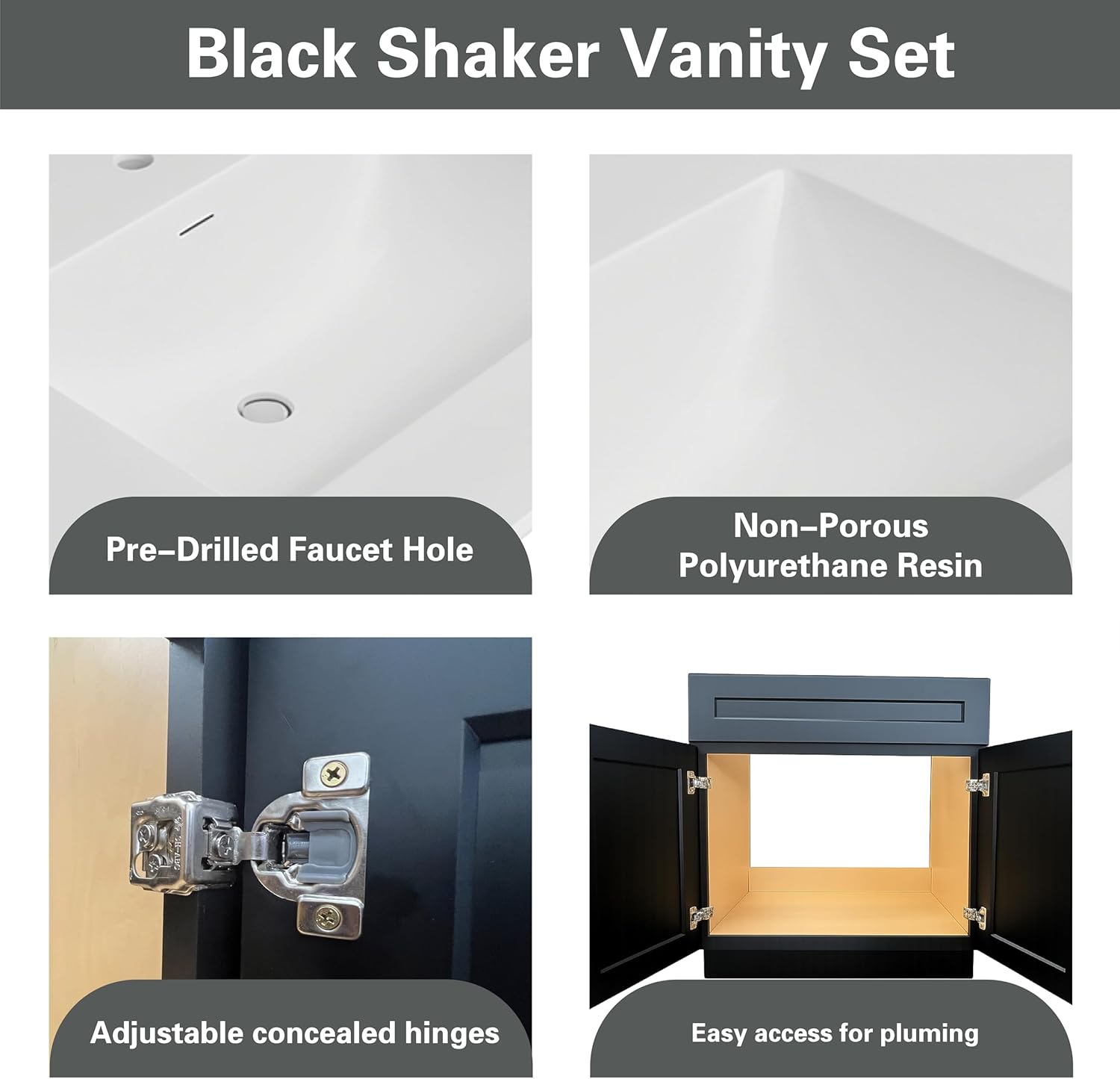 30" Black Shaker Bathroom Vanity with Sink – Solid Surface One-Piece Top, Soft-Close Doors, Polyurethane Nano Resin Sink, Pre-Drilled Faucet Hole, Modern Bath Vanity Cabinet Set