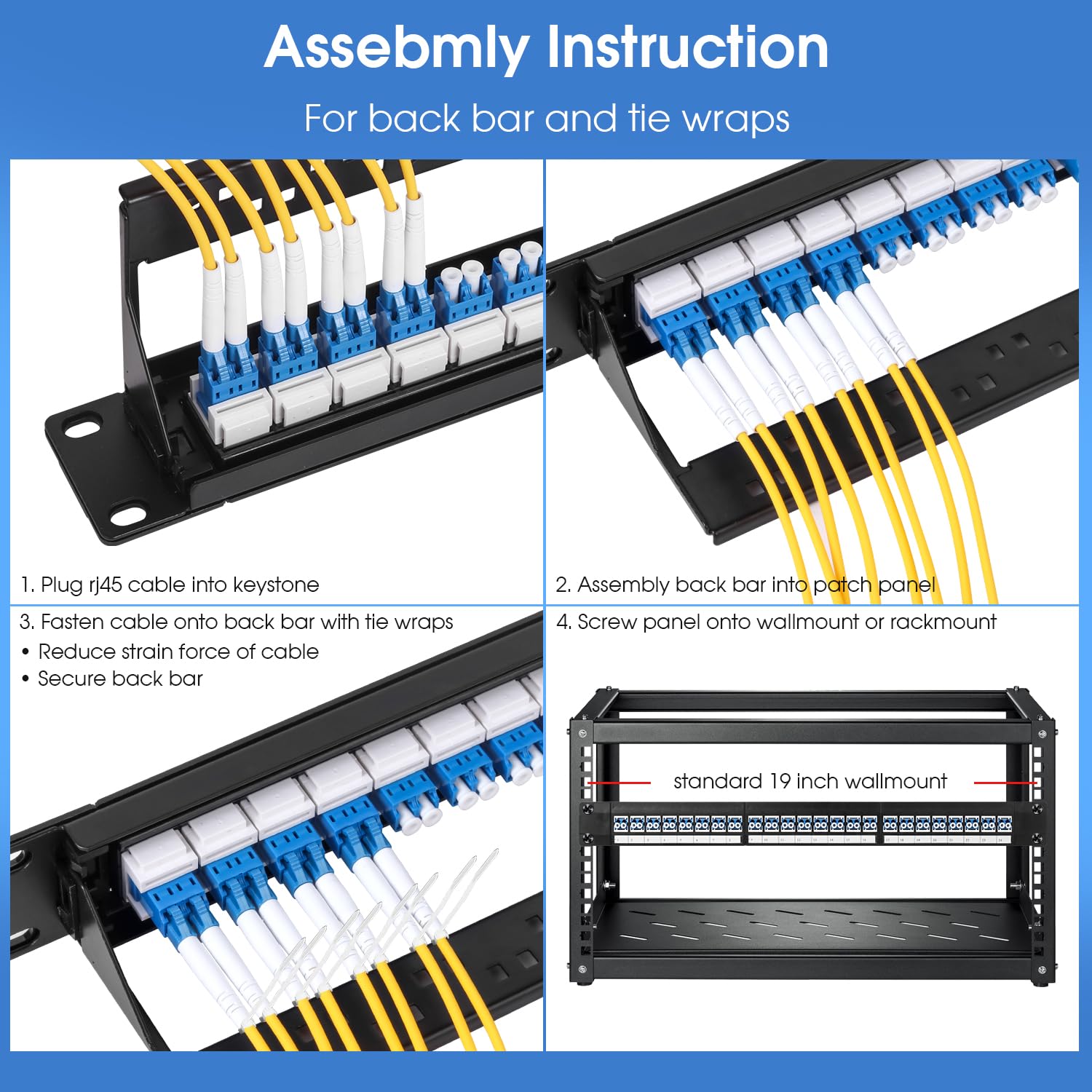 48 Port LC Fiber Patch Panel, 1U 19", caricato con 24 adattatori ottici monomodali duplex della fibra di LC/UPC