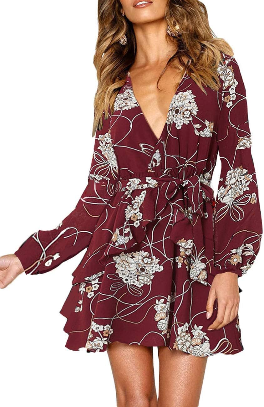 Women Long Sleeve V Neck Dress, Floral Mini Cocktail Party Wedding Guest Dress with Belt