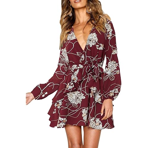 UGUEST Women Long Sleeve V Neck Dress, Floral Mini Swing Party Wedding Guest Dress with Belt