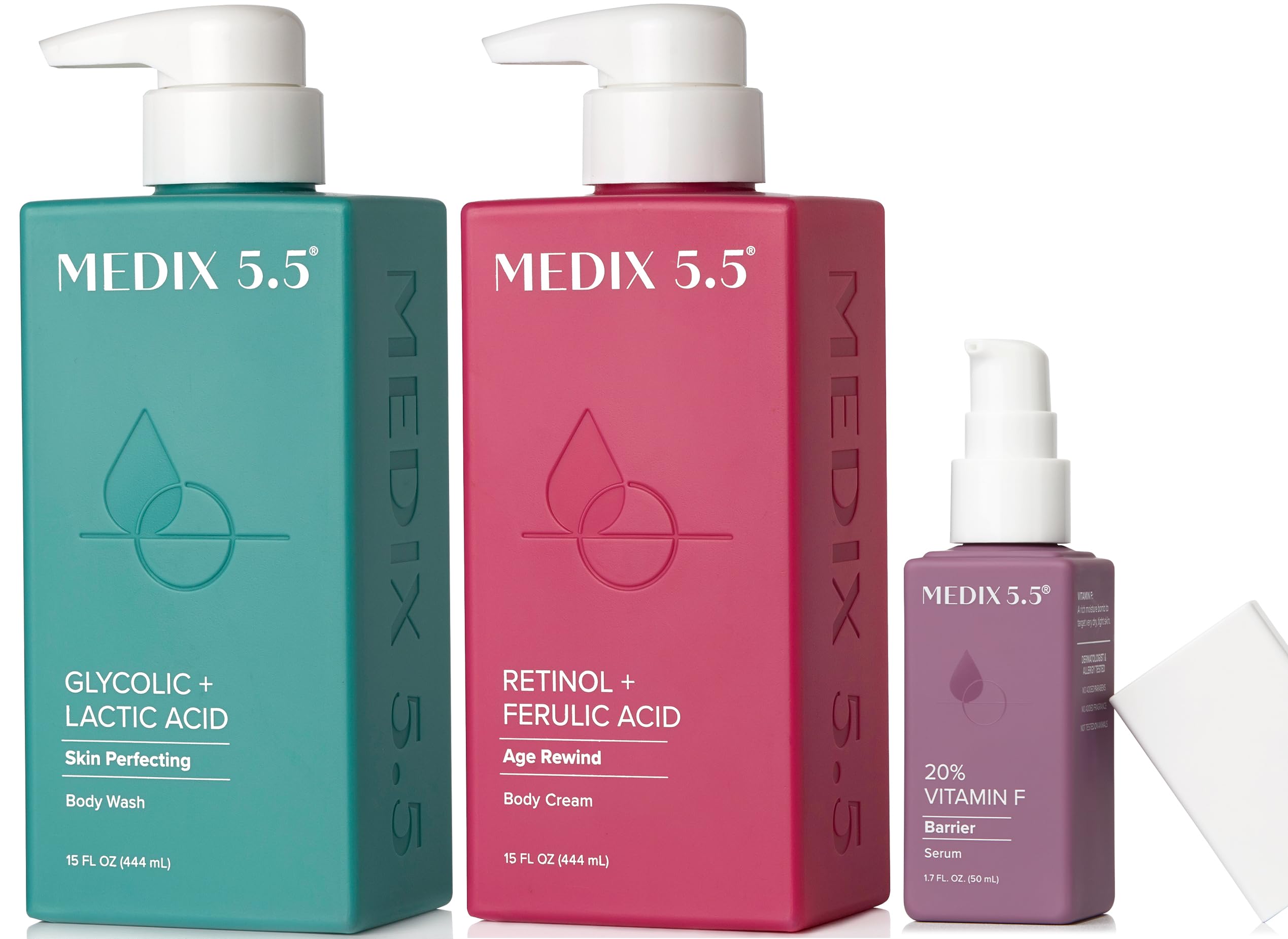 Medix 5.5Anti Aging Skin Care | Retinol Body Cream + Exfoliating AHA Glycolic Acid Foaming Face & Body Wash + Vitamin F Booster Serum | Wash + Treat + Hydrate Skincare | 3 Piece Set