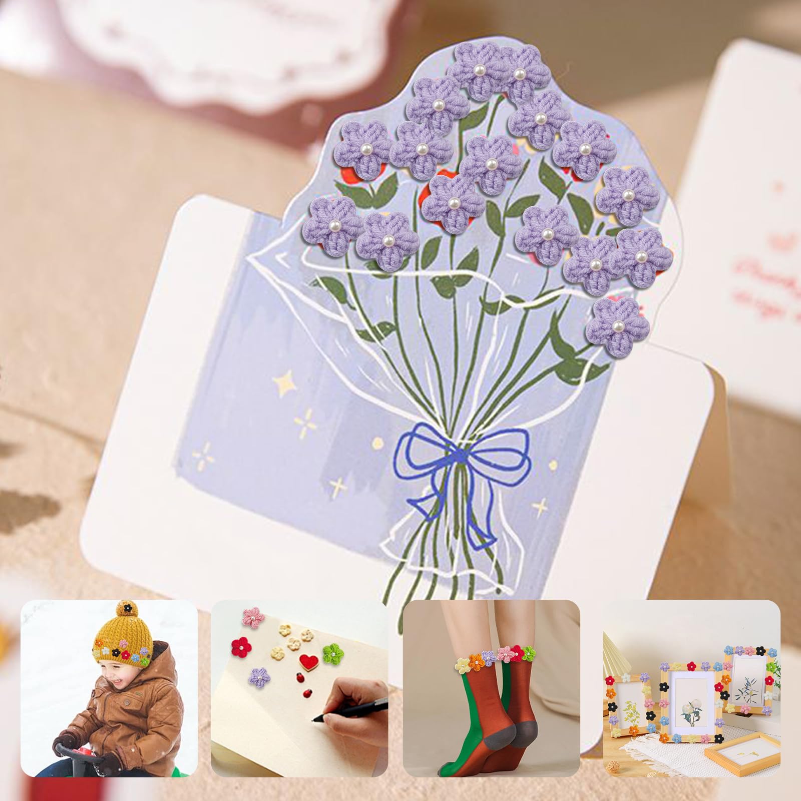 Jtnohx Knitted Flower Patches,Crochet Flowers Applique,25pcs Handmade Floral Sew on Patches,3cm DIY Appliques Embellishments with Pearl - Image 6