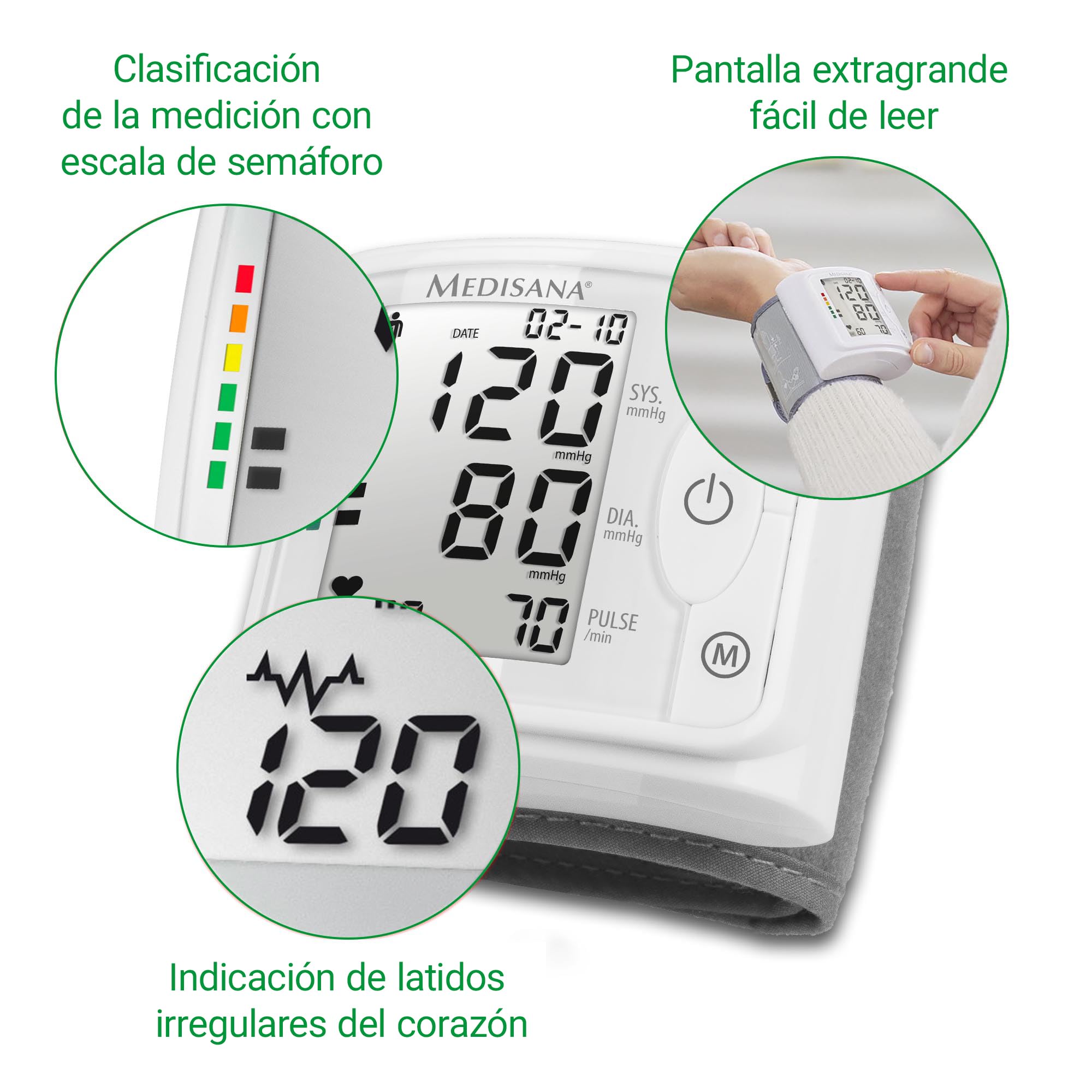 medisana BW 320 Tensiómetro de muñeca, Medición precisa de la tensión arterial y el pulso, Función de memoria, Pantalla grande de fácil lectura, Escala semafórica, Detección y aviso de arritmia