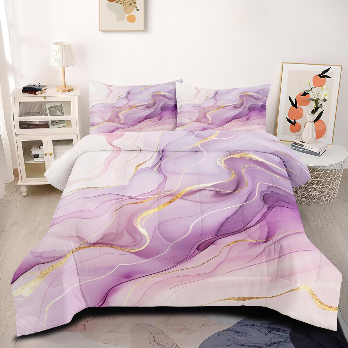 Purple Marble Comforter Set Queen Size Gold Glitter Marbling Bedding Set Watercolor Abstract Art Down Comforter Aesthetic Marble Print Bed Set for Adult Women Kids Teens Bedroom Decor