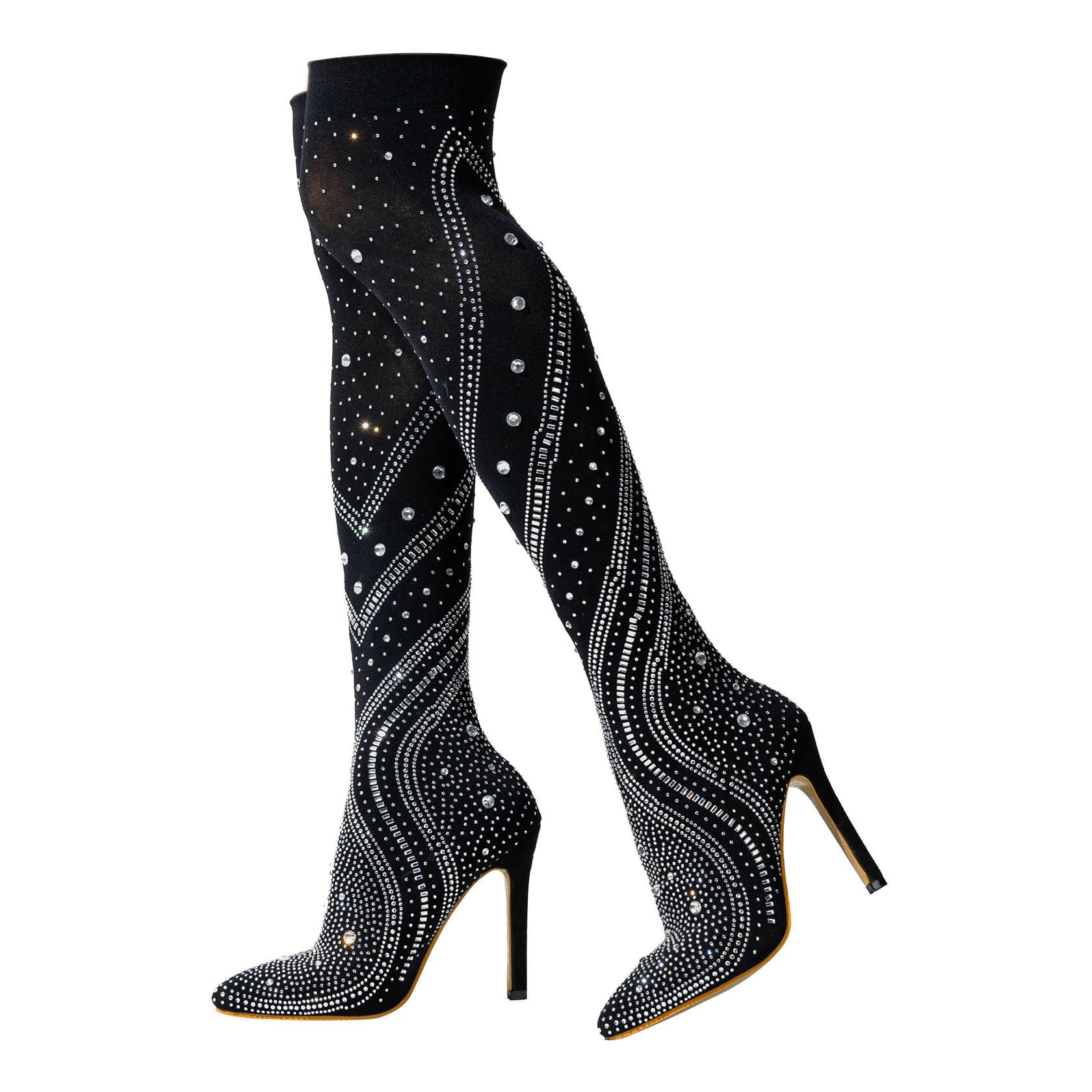 Trendenzy Sparkly Rhinestone Over The Knee Sock Boots Pointed Toe Stiletto High Heeled Thigh High Stretch Boots for