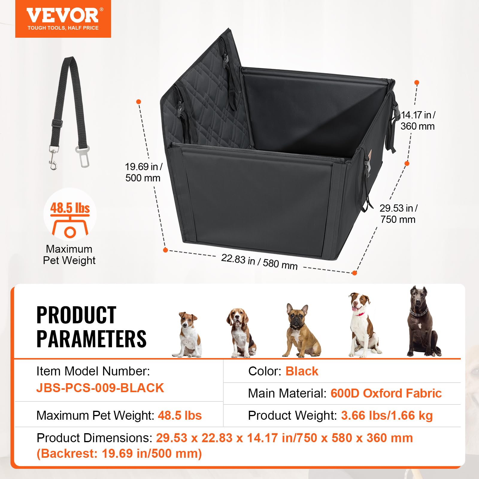 VEVOR Autositz Hunde 75 x 58 x 50 cm, Hundeautositz mit Stützrahmen, Haustierautositz mit ansteckbarer Sicherheitsleine, Baumwollfüllung, Rücksitz für kleine mittele Hunde bis 22 kg, Schwarz
