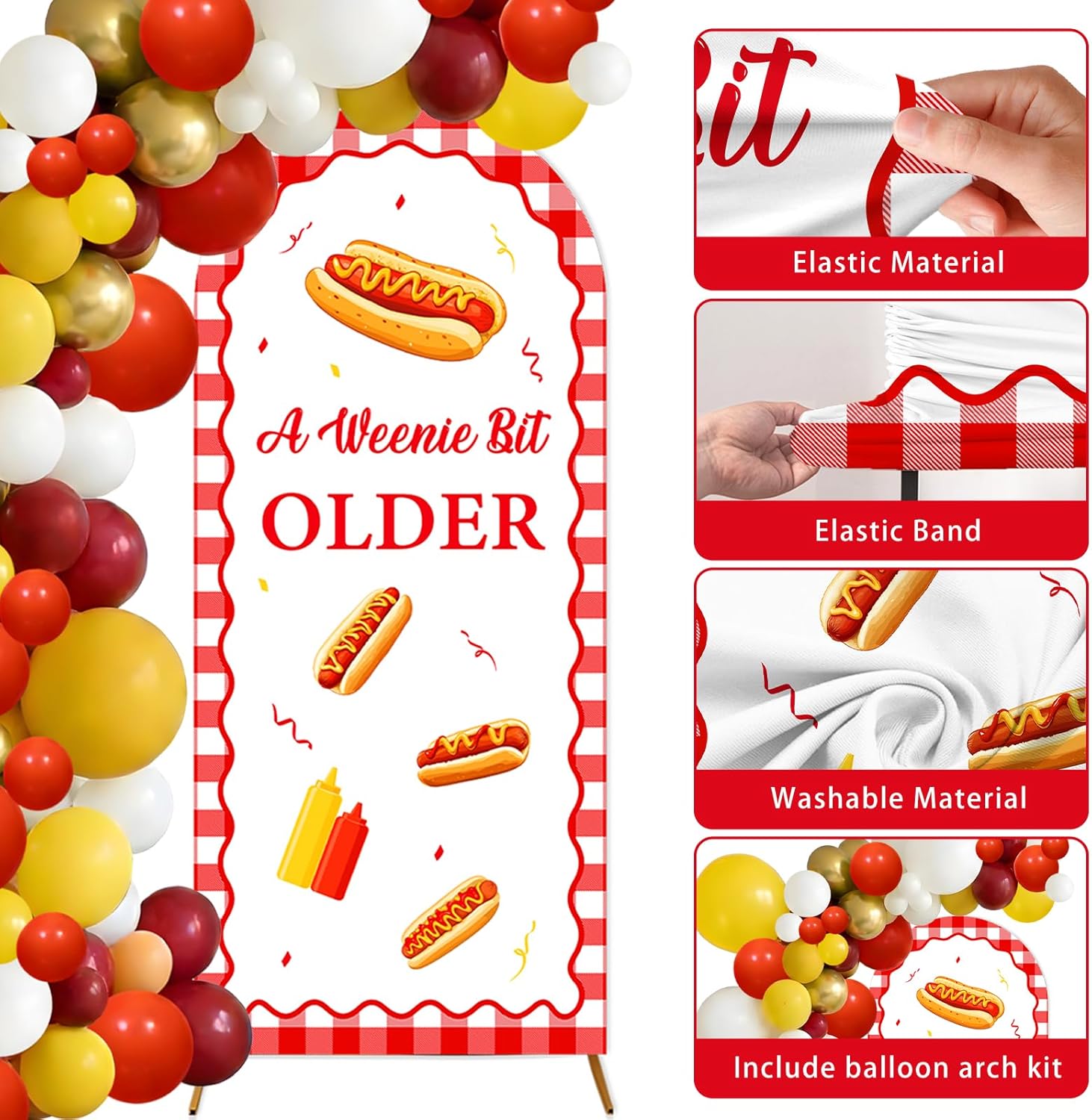 Hot Dog Birthday Party Decorations Arch Backdrop Covers and Balloon Garland Arch Kit, A Weenie Bit Older BBQ Cookout Theme Photography Background for Women Girls Birthday Party Decor Supplies