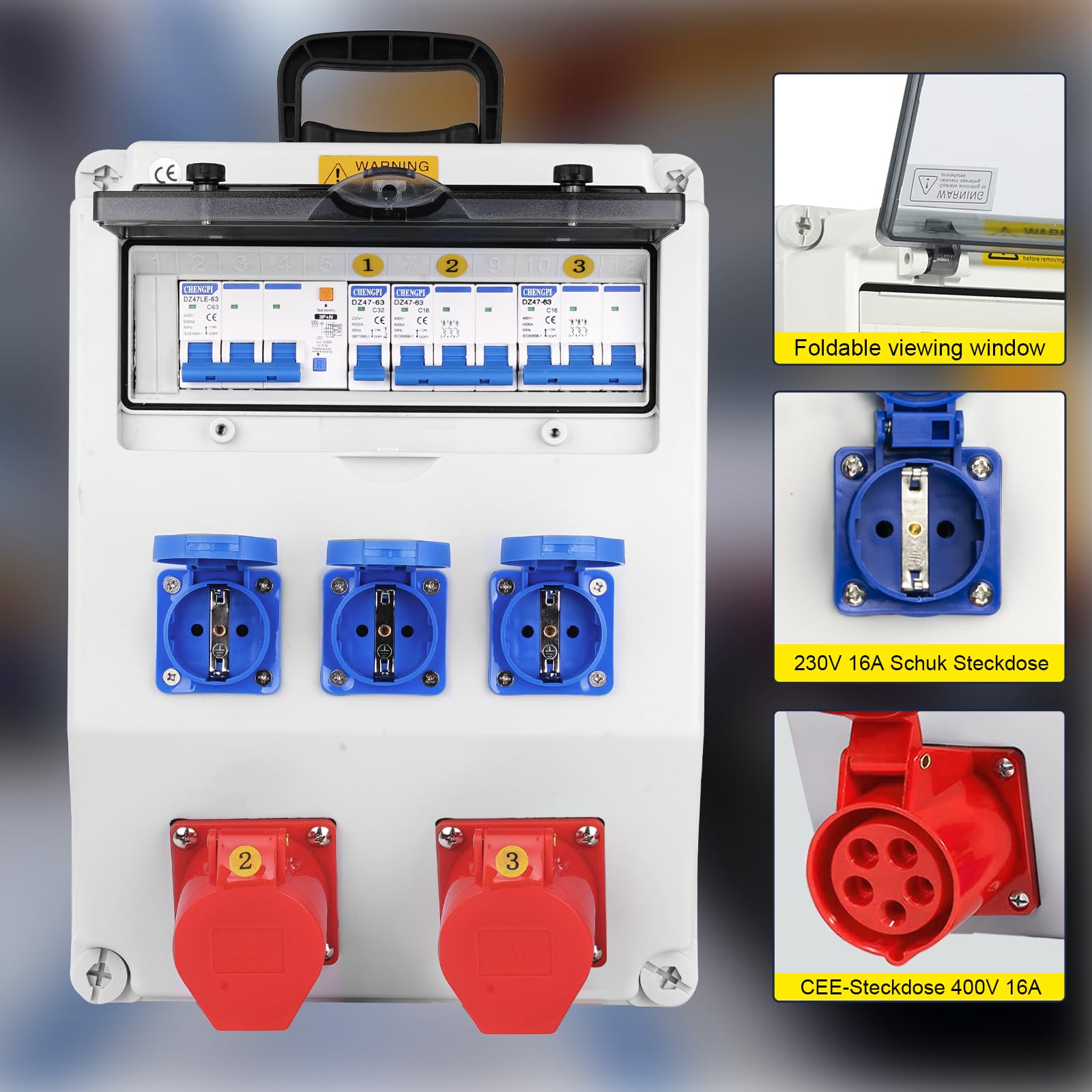 Baustromverteiler,IP65 Wasserdicht Stromverteiler mit Leitungsschutzschalter, Wandverteiler mit IP54 230V/16A Schuko Steckdose und IP44 CEE Steckdose 400V/16A