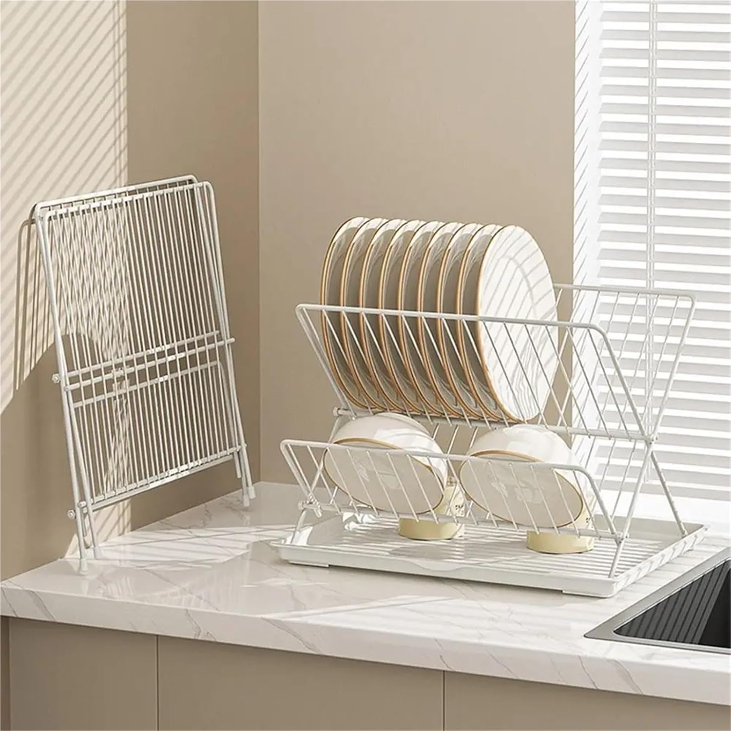 X-Shape Foldable Dish Drying Rack 2 Tier Space-saving Countertop Dish Drainer Water Catcher Tray Non-slip(W-Carbon Steel)