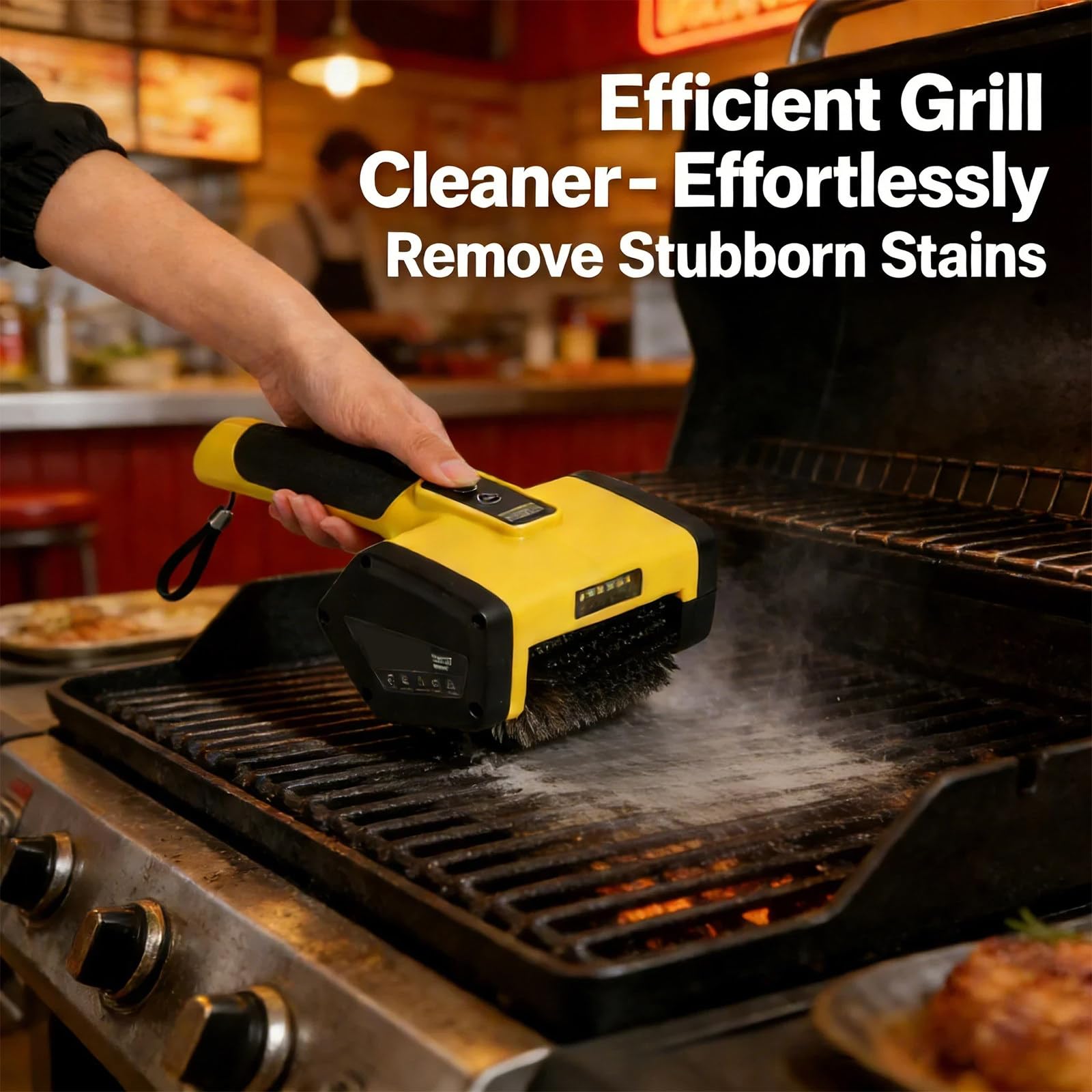 Cepillo Eléctrico para Parrilla, Cabezal de Acero Inoxidable, 500-800 RPM, Luces Led Y Protector contra Salpicaduras, Inalámbrico Recargable para Parrillas de Exterior Brown